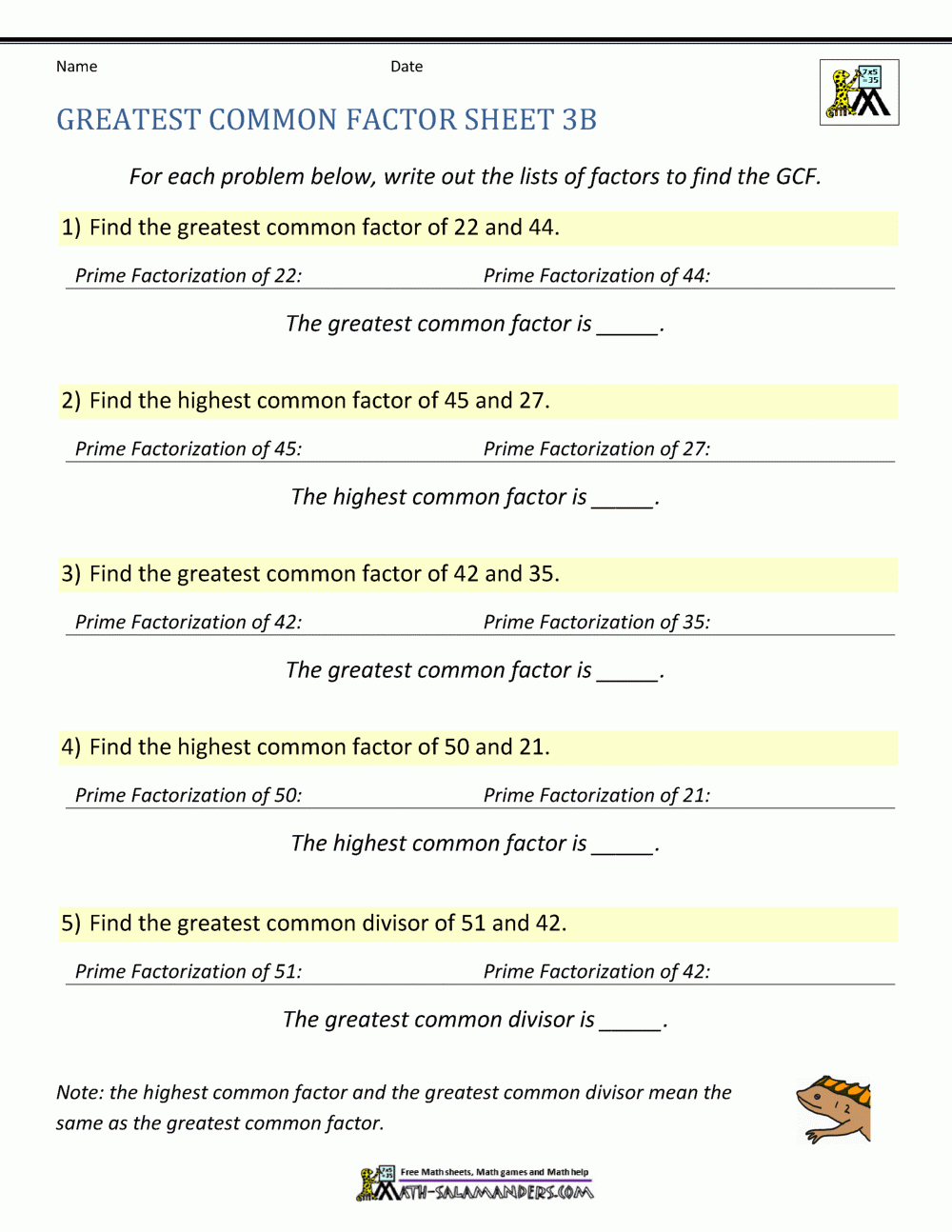 Greatest Common Factor Worksheet Page throughout Free Printable Greatest Common Factor Worksheets