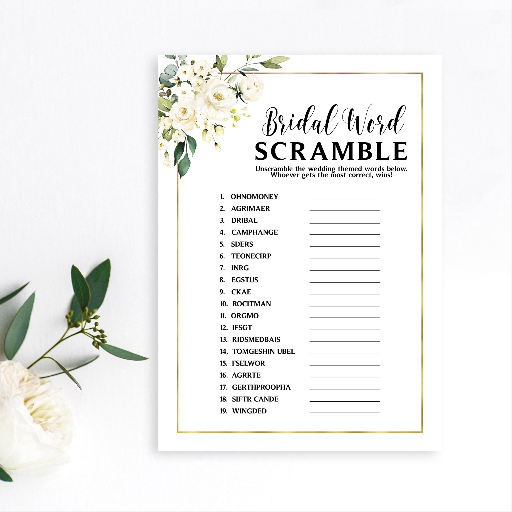 Greenery Bridal Shower Game Bridal Word Scramble 5 X 7 Game Cards inside Free Printable Bridal Shower Games Word Scramble