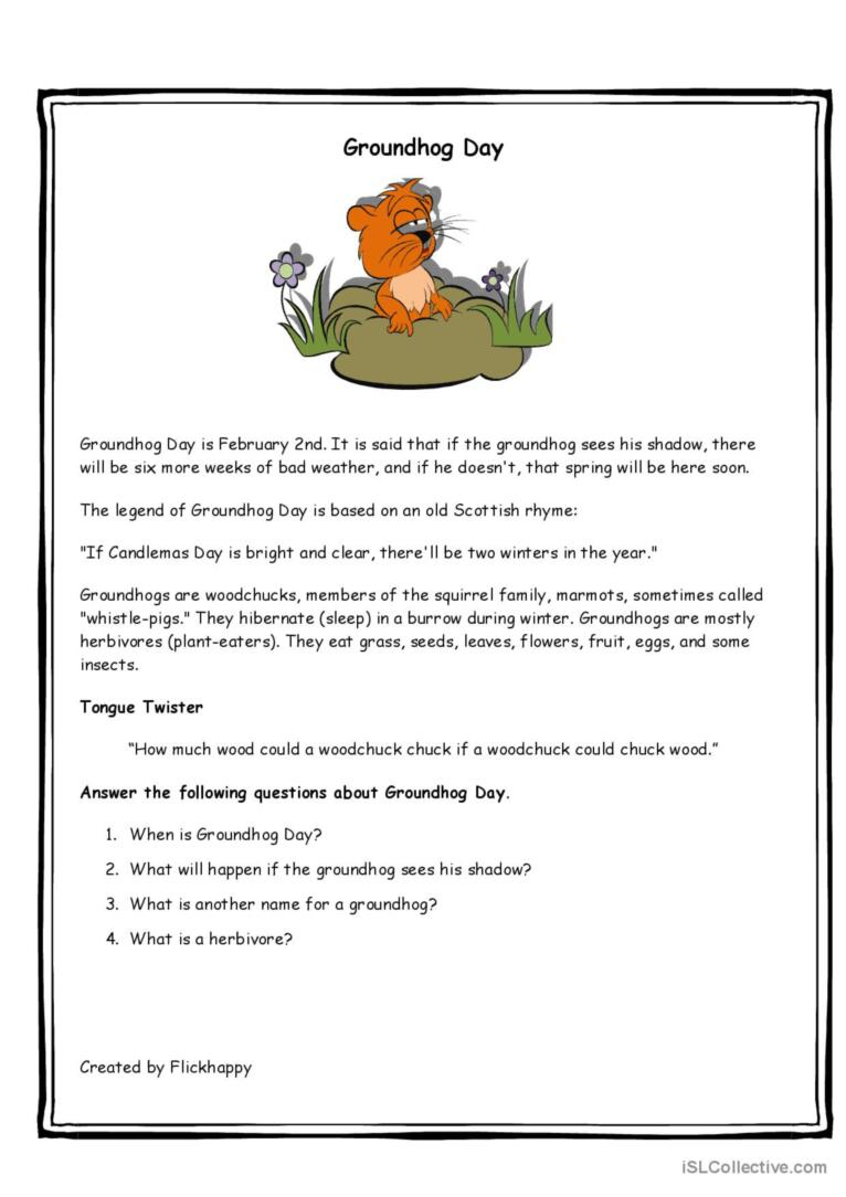 Groundhog Day: English Esl Worksheets Pdf &amp;amp; Doc with Free Printable Groundhog Day Reading Comprehension Worksheets