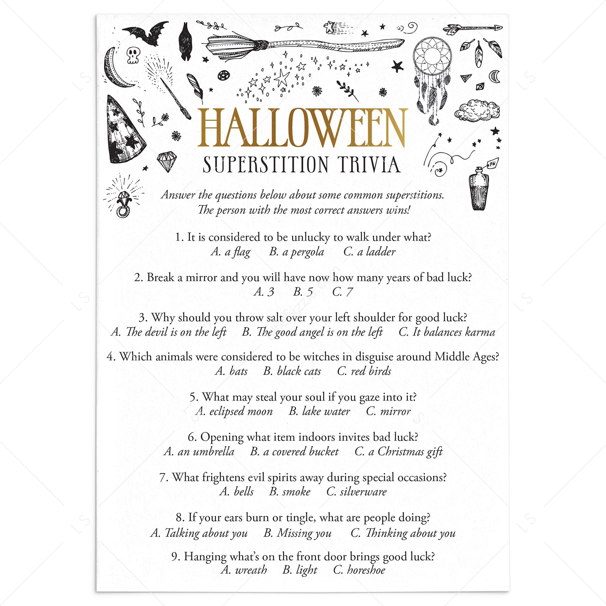 Halloween Superstition Trivia With Answer Key Printable | Instant pertaining to Halloween Trivia Questions And Answers Free Printable