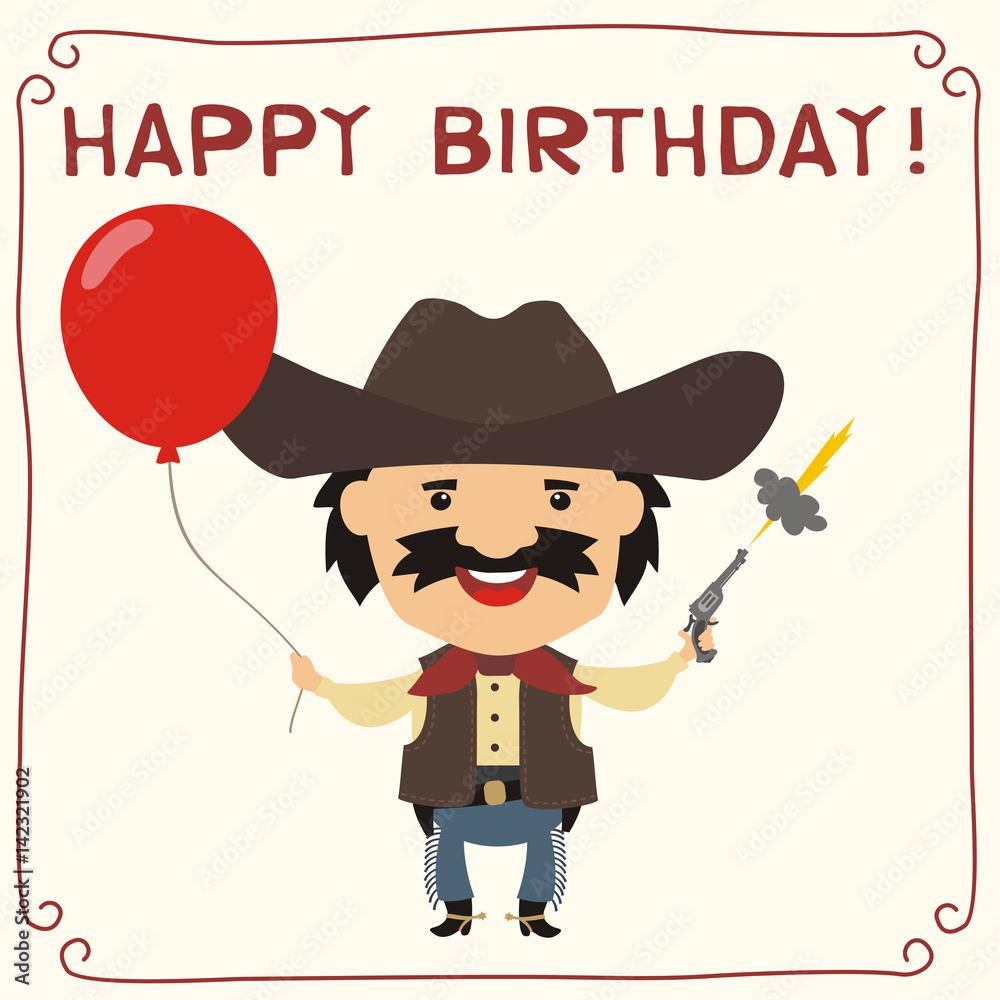 Happy Birthday! Funny Cowboy With Red Balloon. Birthday Card With with regard to Free Printable Cowboy Birthday Cards