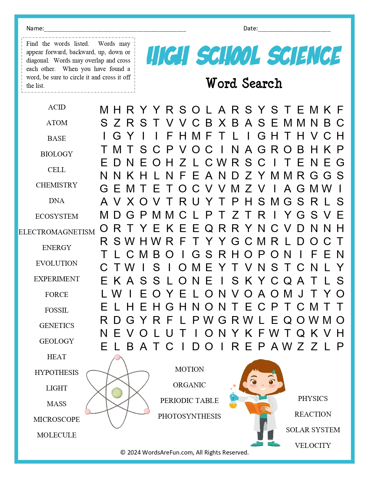 High School Science Word Search intended for Free Printable Word Search Puzzles For High School Students