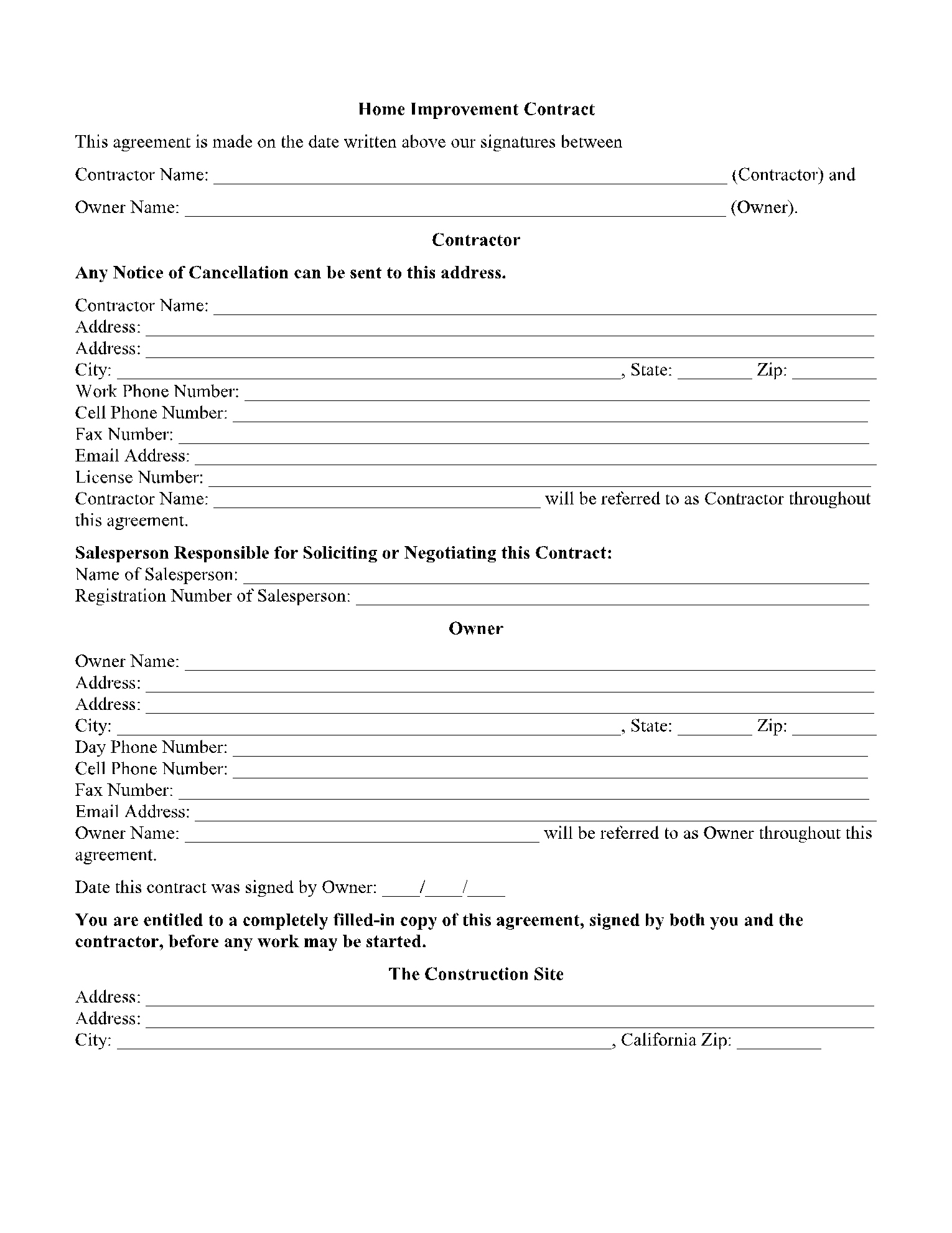 Home Improvement Contract Template: Free Sample (2021) with Free Printable Home Improvement Contracts