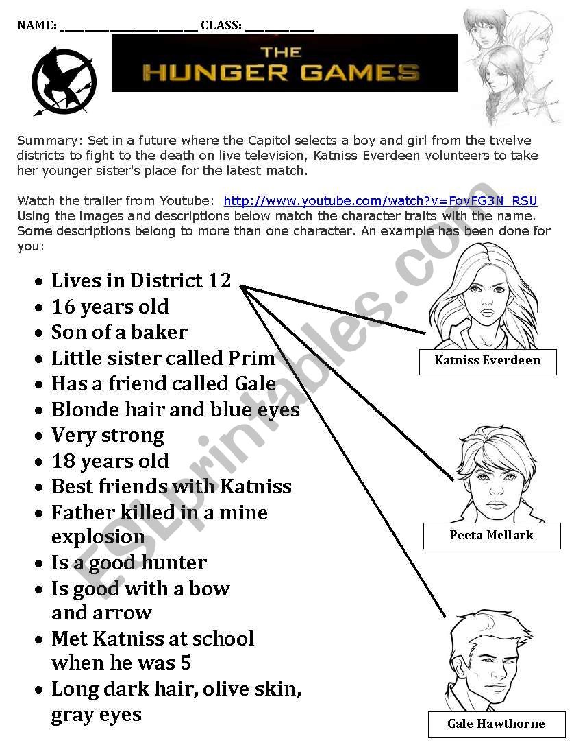 Hunger Games Matching Task - Esl Worksheetjackiecr with Hunger Games Free Printable Worksheets