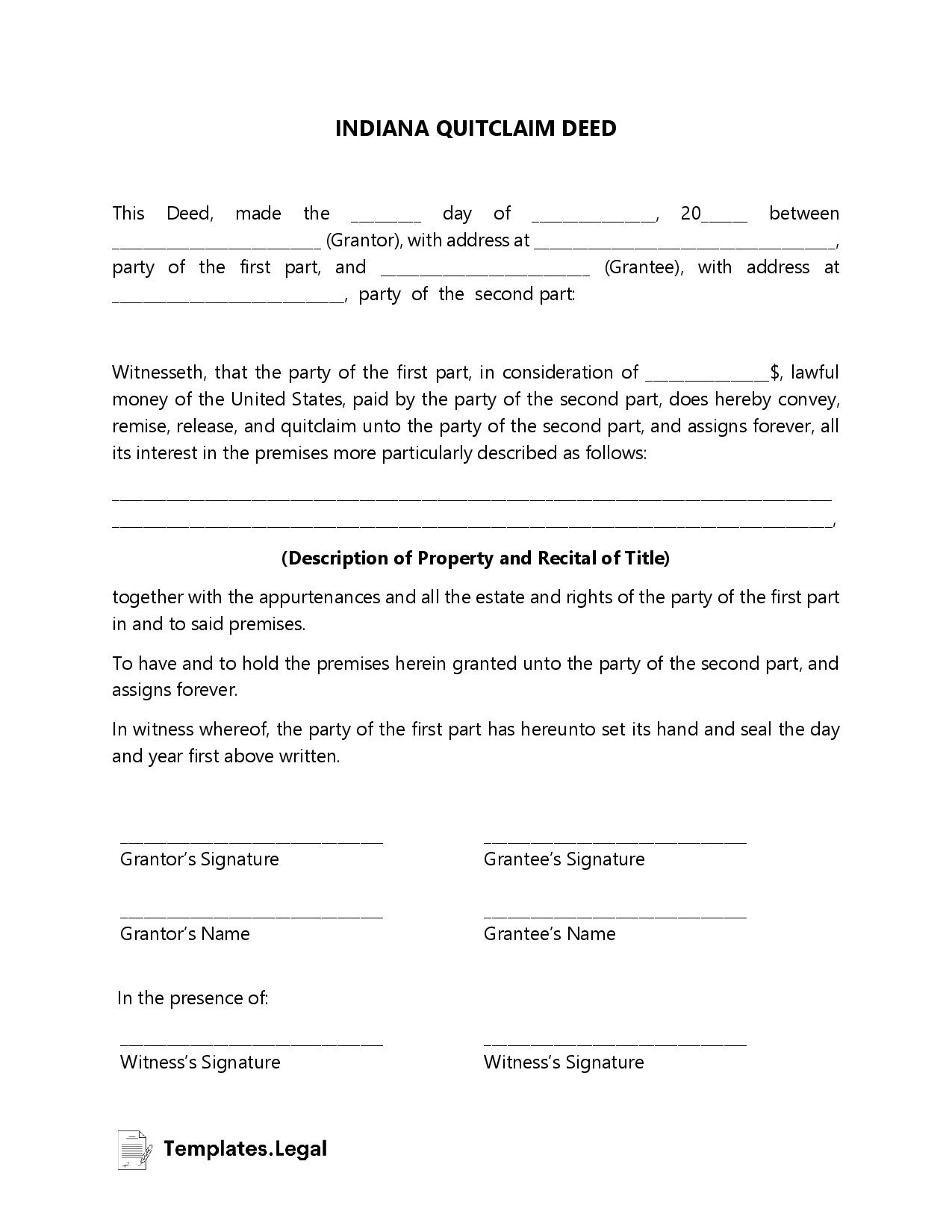 Indiana Deed Forms &amp;amp; Templates (Free) [Word, Pdf, Odt] with regard to Free Printable Quit Claim Deed Form Indiana