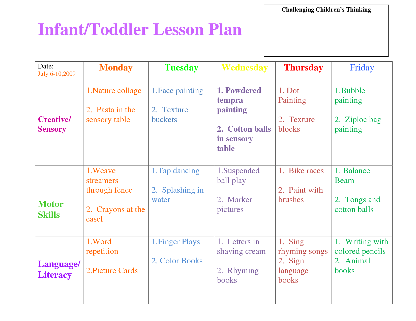 Infant Blank Lesson Plan Sheets | Infanttoddler Lesson Plan inside Free Printable Infant Lesson Plans