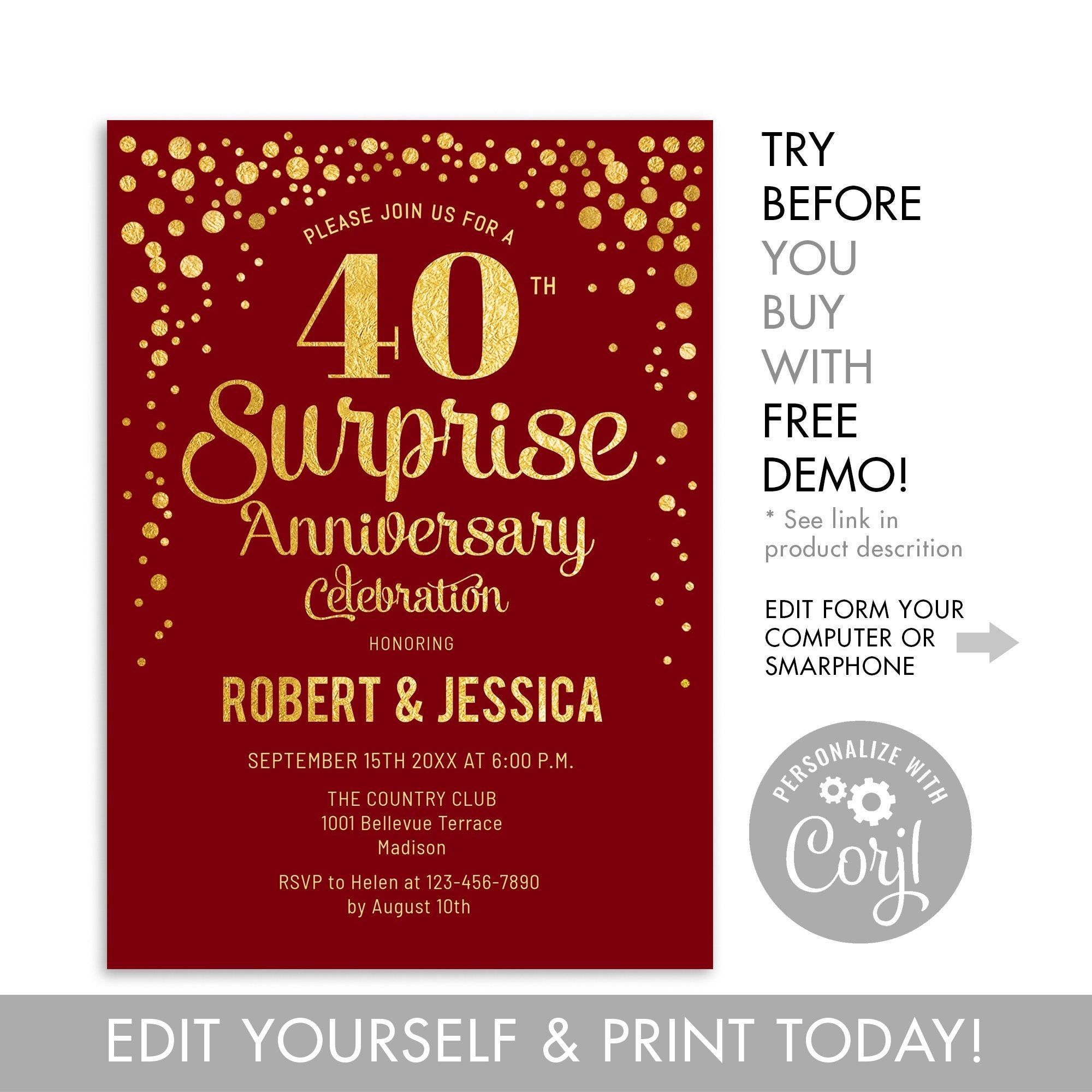 Instant Download 40Th Surprise Wedding Anniversary Party regarding Free Printable 40Th Anniversary Invitations