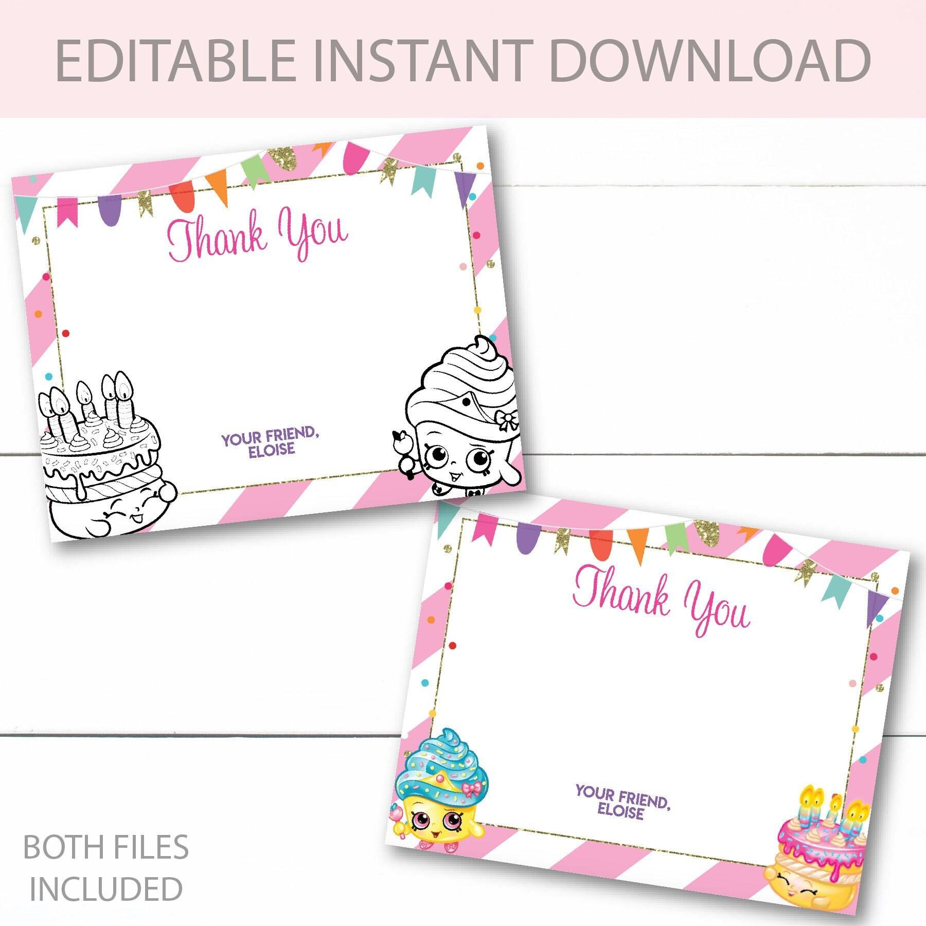 Instant Download - Editable - Shopkins And Shoppies Birthday Party Thank You Cards Stationary with Shopkins Thank You Cards Free Printable