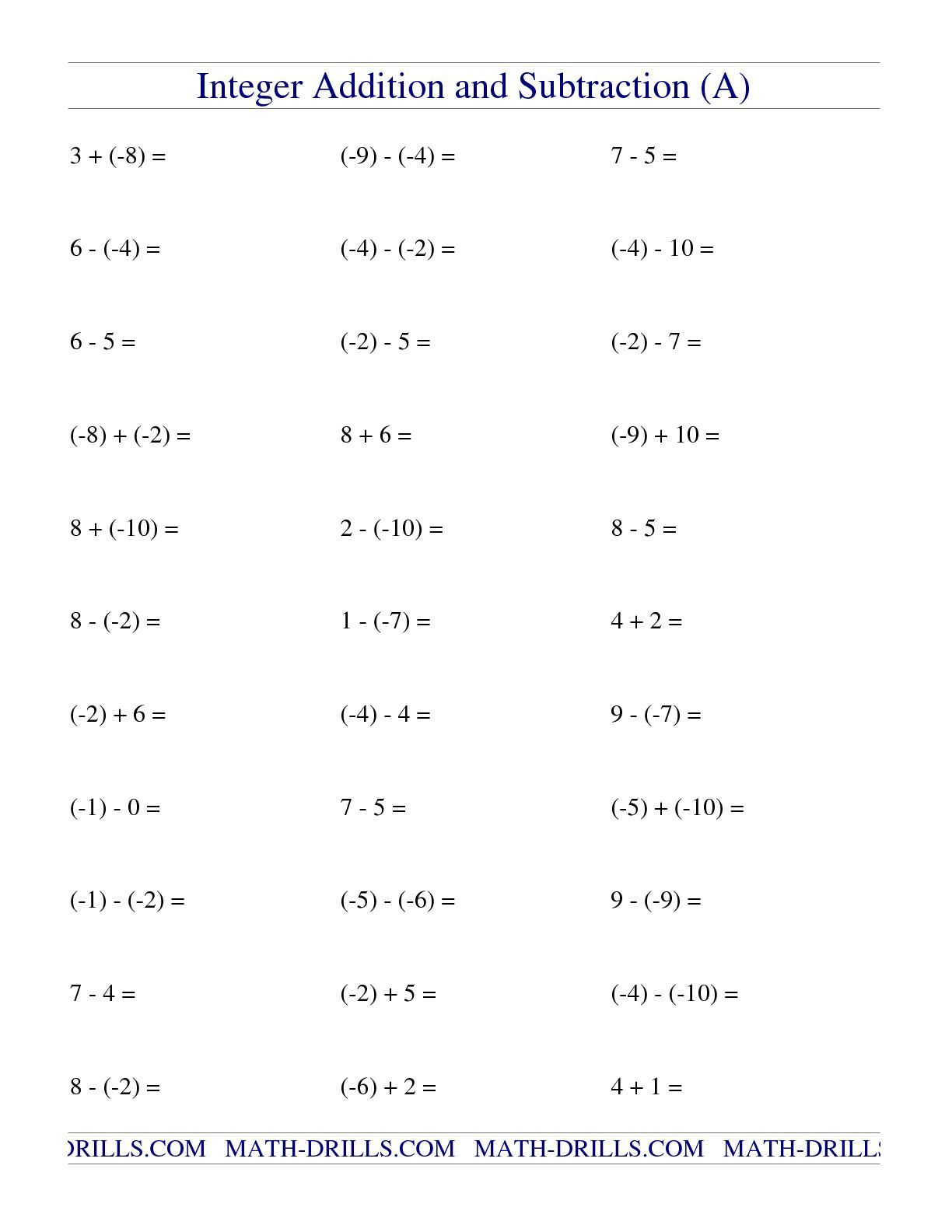 Integer Addition And Subtraction Worksheet in Free Printable Integer Worksheets Grade 7