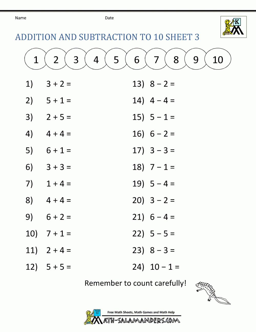 Kindergarten Addition And Subtraction Worksheets intended for Free Printable Kindergarten Addition and Subtraction Worksheets