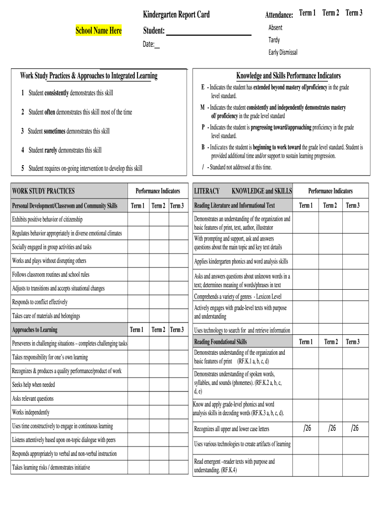 Kindergarten Report Card Template - Fill Online, Printable pertaining to Free Printable Kindergarten Report Cards