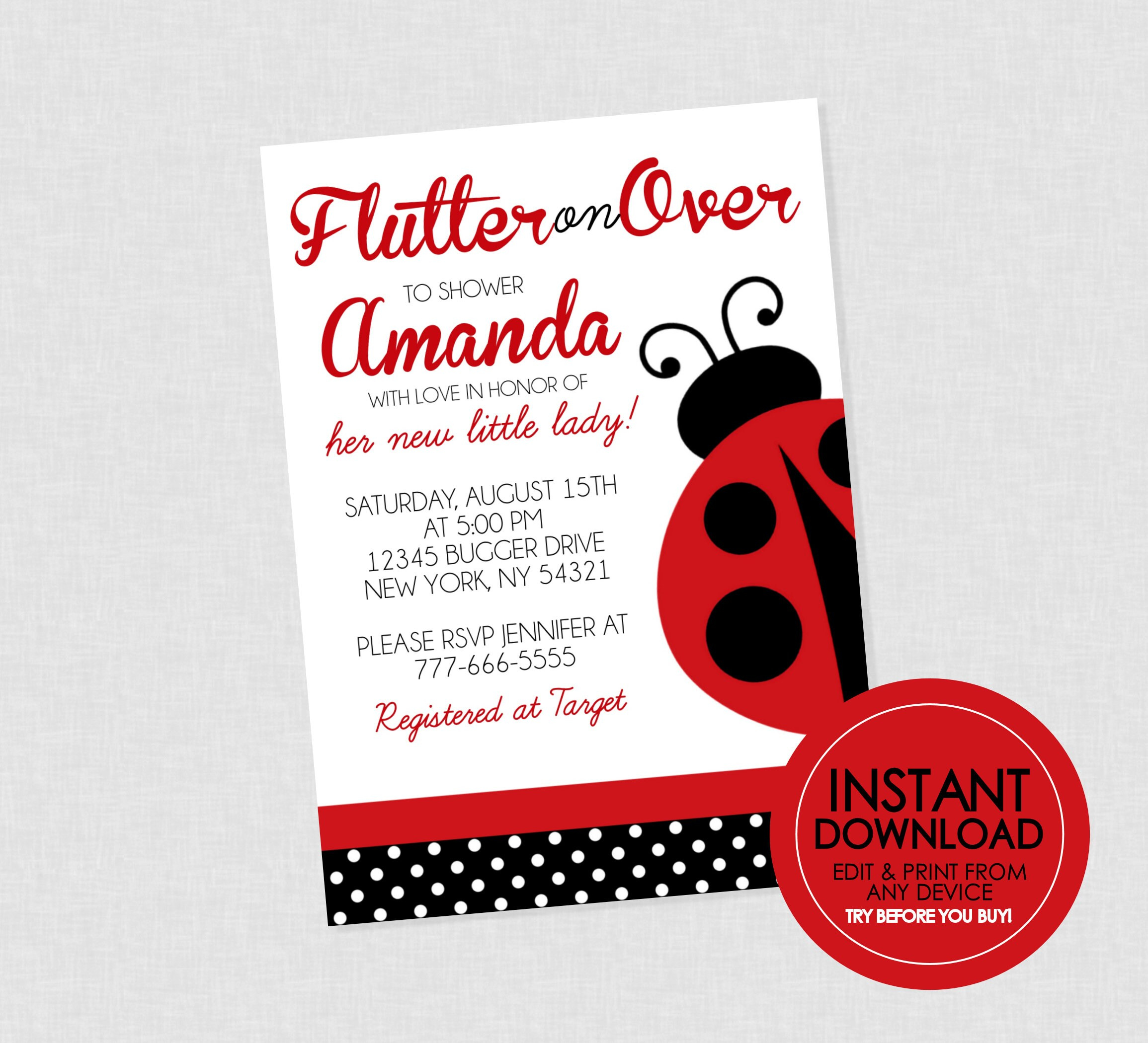 Ladybug Baby Shower Invitation Editable Instant Download Lady Bug in Free Printable Ladybug Baby Shower Invitations Templates