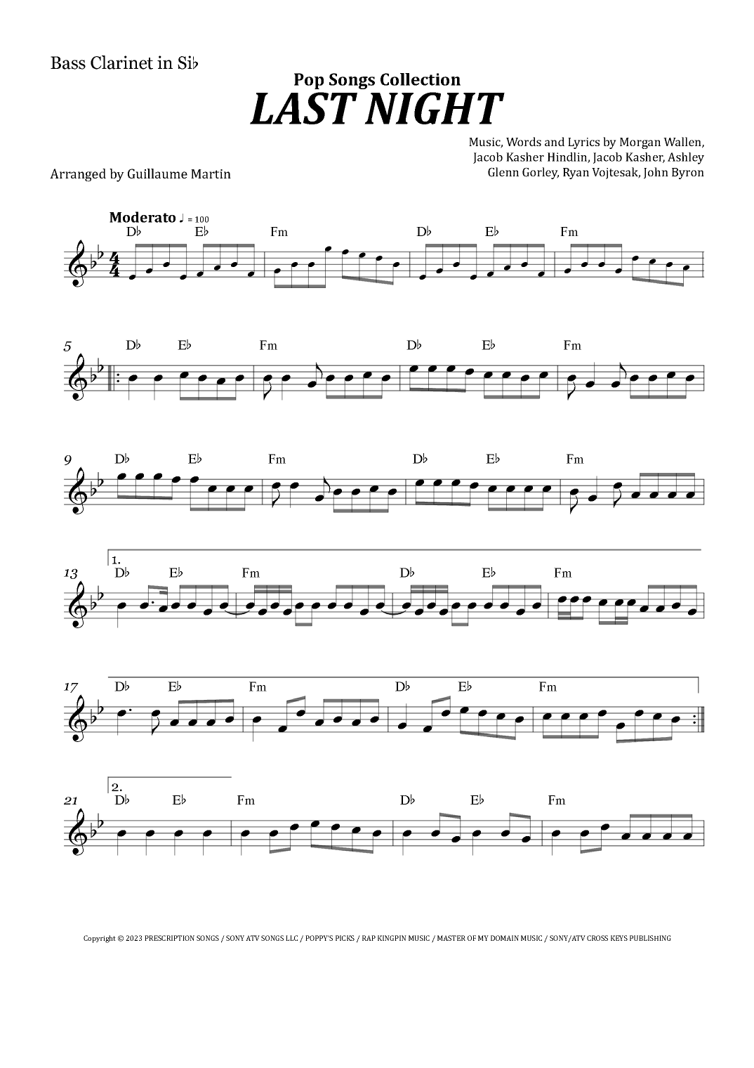 Last Night (Arr. Guillaume Martin) Sheet Music | Morgan Wallen inside Free Printable Clarinet Sheet Music