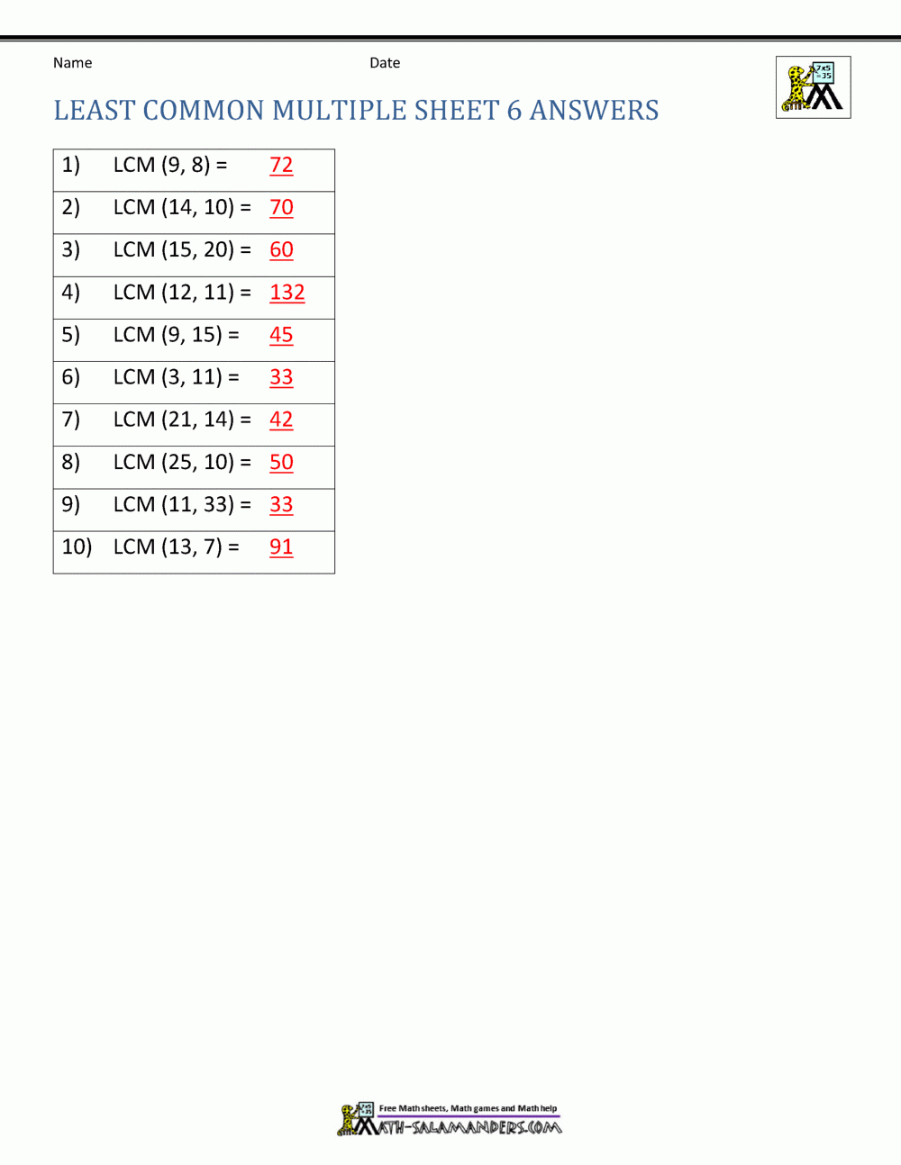 Least Common Multiple Worksheets Page in Least Common Multiple Worksheet Free Printable