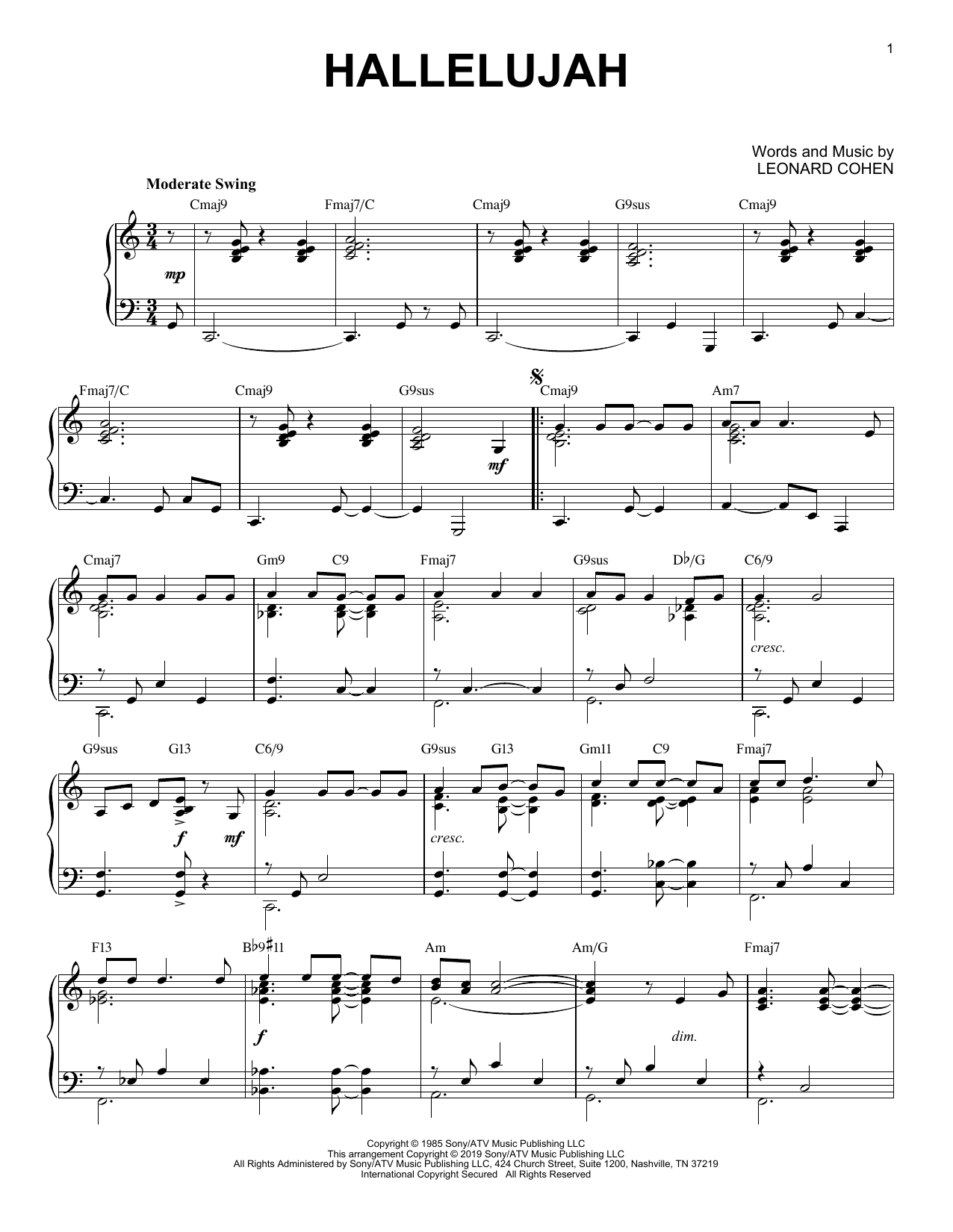 Leonard Cohen &amp;quot;Hallelujah [Jazz Version]&amp;quot; Sheet Music &amp;amp; Chords For within Free Printable Piano Sheet Music For Hallelujah By Leonard Cohen