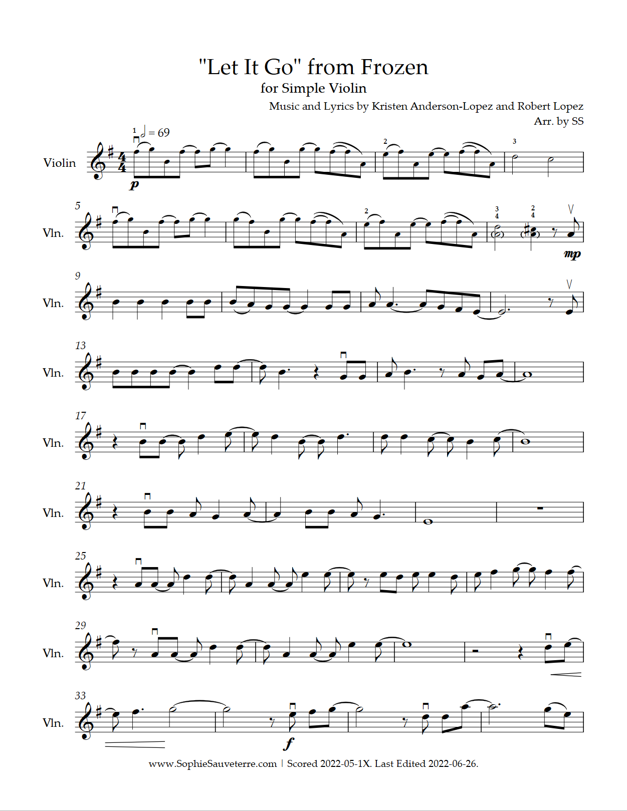 Let It Go – Frozen – Simple Violin Arrangement – Sophie Sauveterre with regard to Let It Go Violin Sheet Music Free Printable