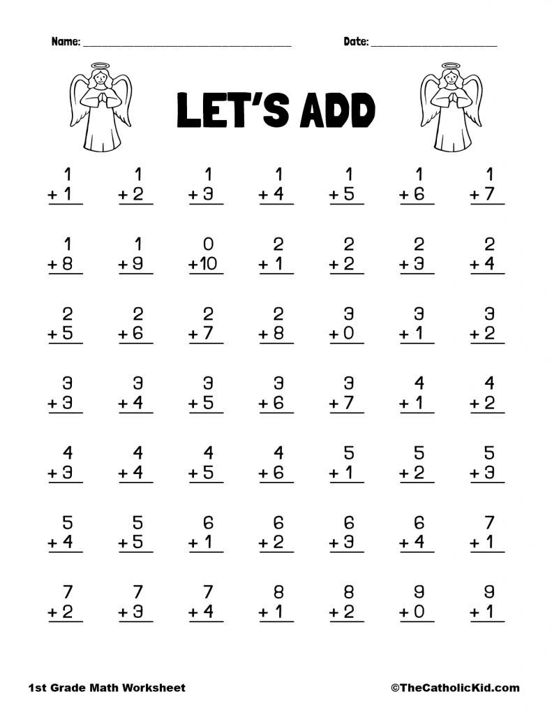 Let&amp;#039;S Add - 1St Grade Math Angel Worksheet Catholic Themed | 1St within Free Printable First Grade Math Worksheets
