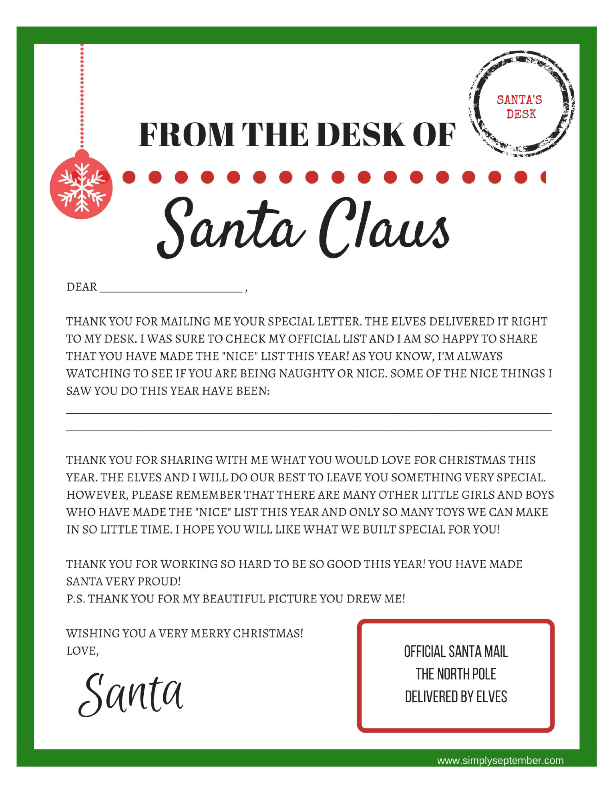 Letters To And From Santa: Free Printables - Simply September intended for Free Printable Letter From Santa Template