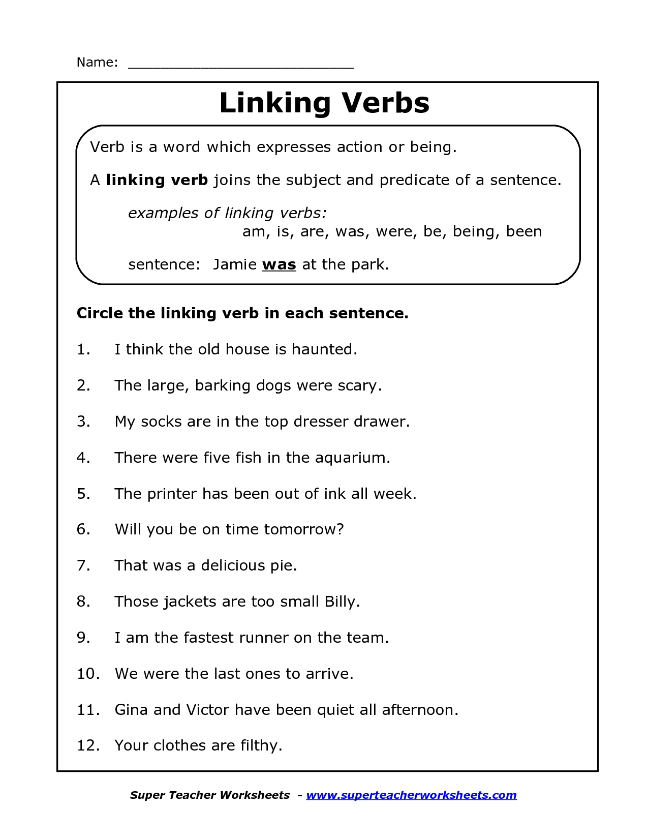 Linking Verbs Worksheet with regard to Free Printable Linking Verbs Worksheets