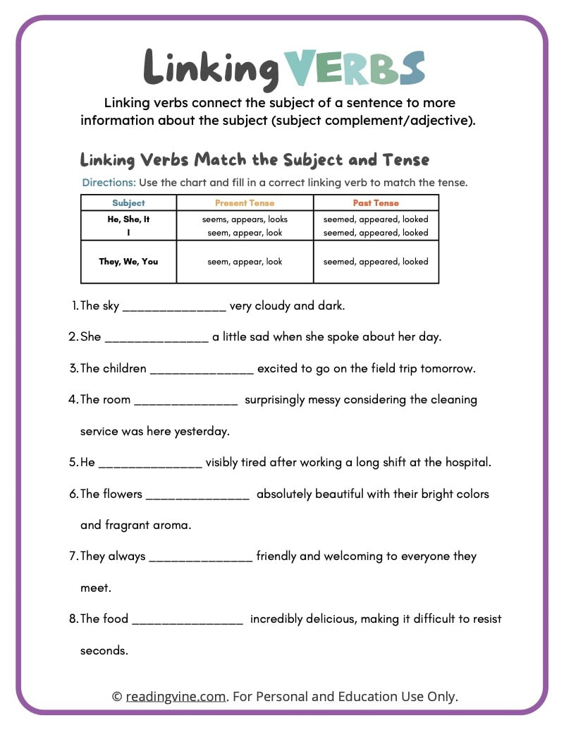 Linking Verbs Worksheets, Definition, And Examples within Free Printable Linking Verbs Worksheets