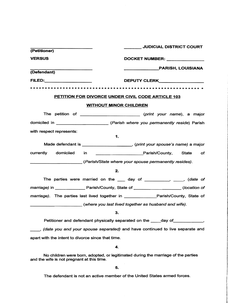 Louisiana 103 Divorce Form - Fill Online, Printable, Fillable inside Free Printable Divorce Papers For Louisiana