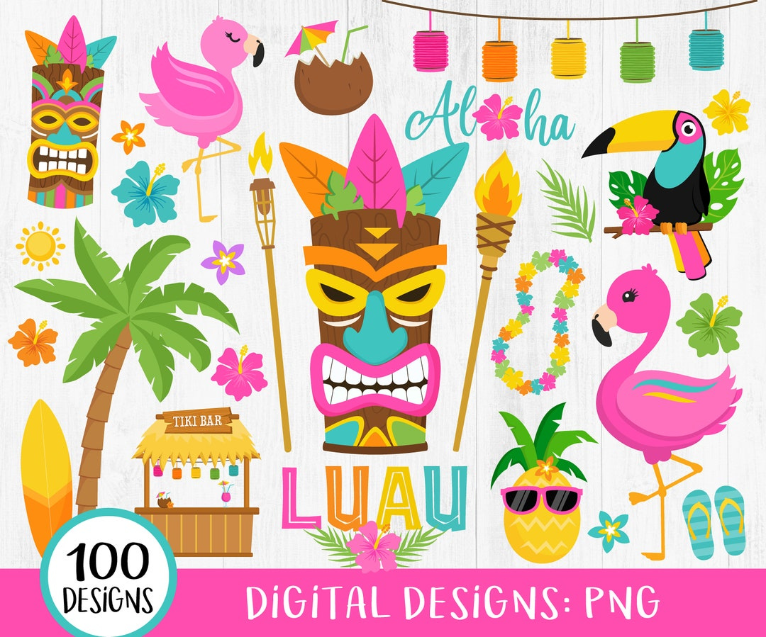 Luau Clipart, Tropical Luau Clipart, Hawaiian Luau Clipart, Tiki Clipart, Summer Clipart, Beach, Flamingo, Hawaii, Hibiscus, Tropical, Png - Etsy for Free Printable Luau Clipart