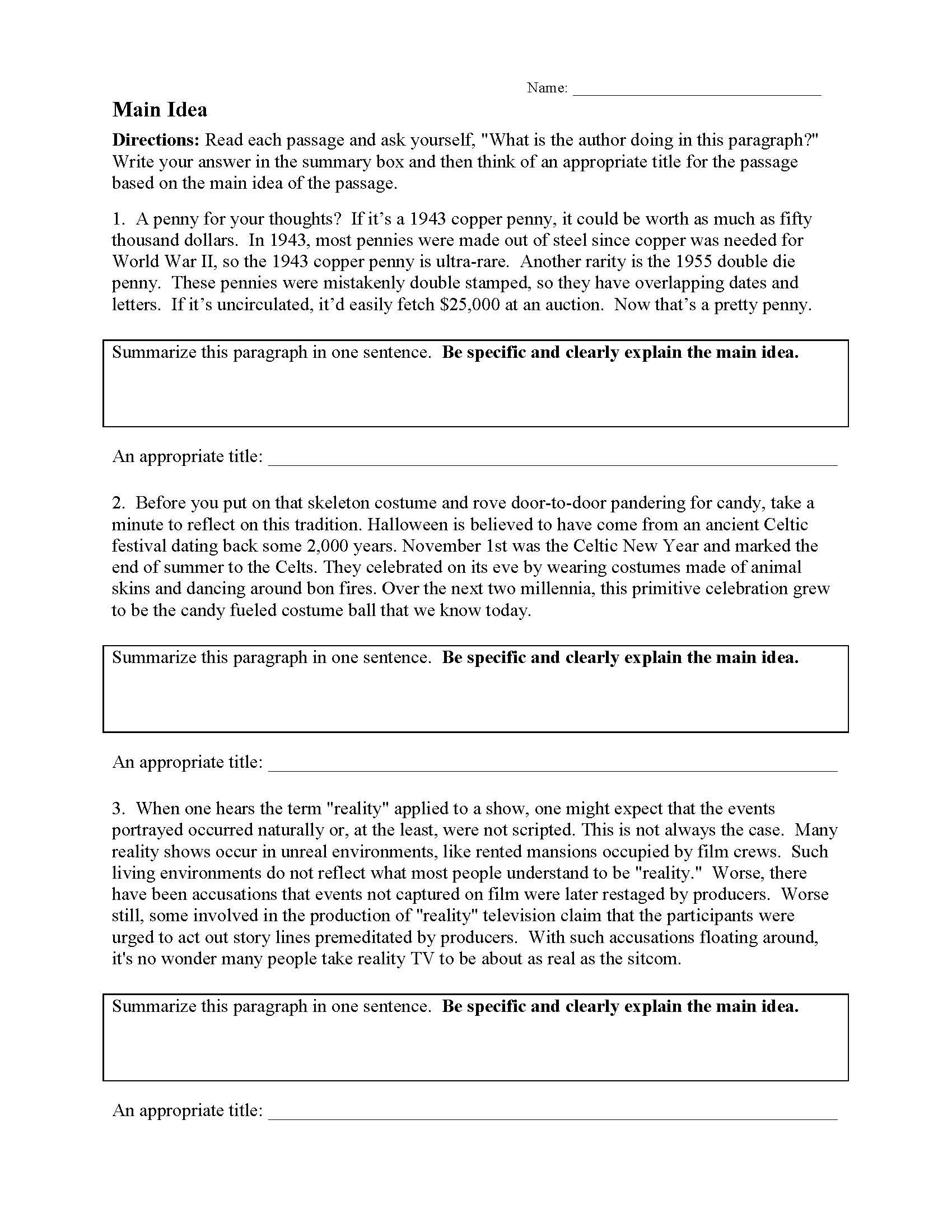 Main Idea Worksheets | Ereading Worksheets throughout Free Printable Main Idea Worksheets
