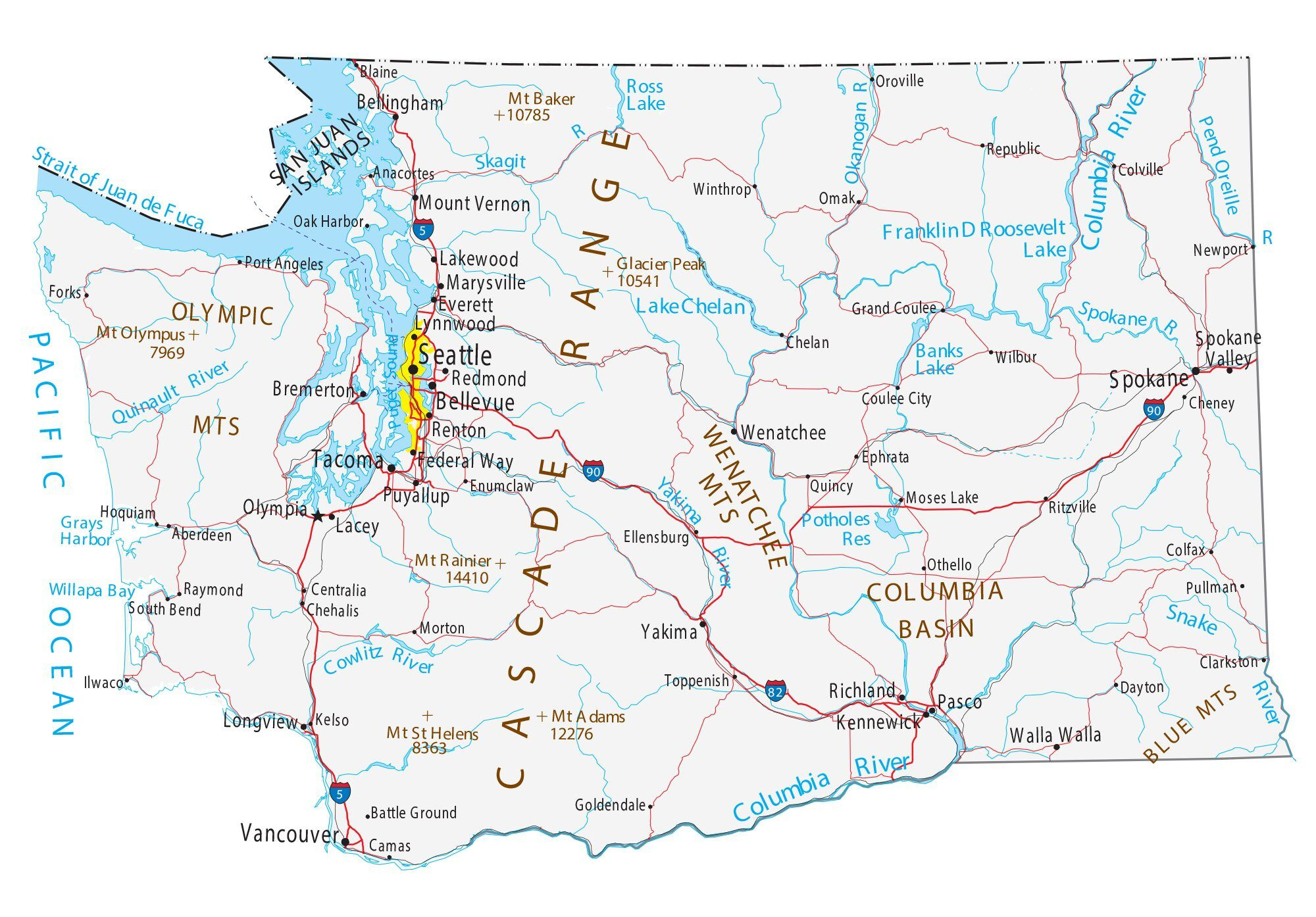 Map Of Washington - Cities And Roads - Gis Geography in Free Printable Map Of Washington State