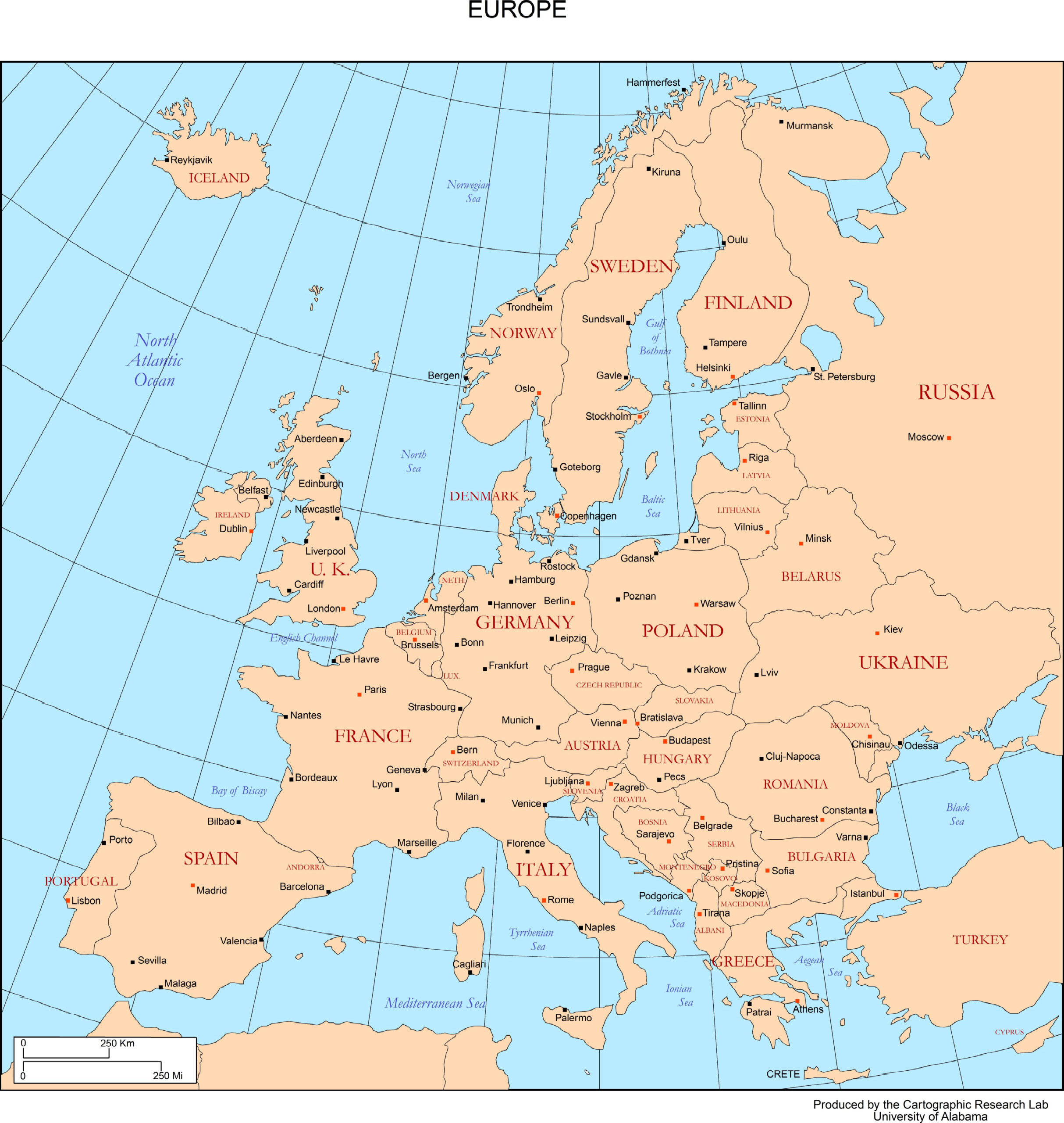 Maps Of Europe pertaining to Free Printable Map of Europe With Cities