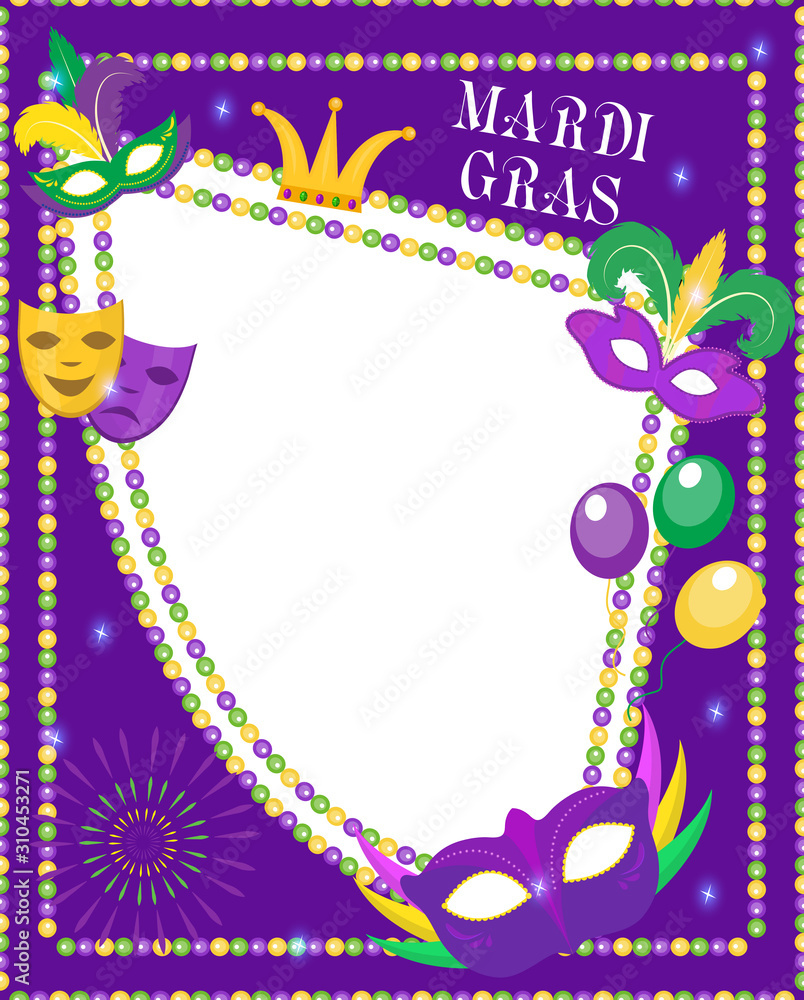 Mardi Gras Frame Template With Space For Text. Mardi Gras Carnival in Free Printable Mardi Gras Invitations