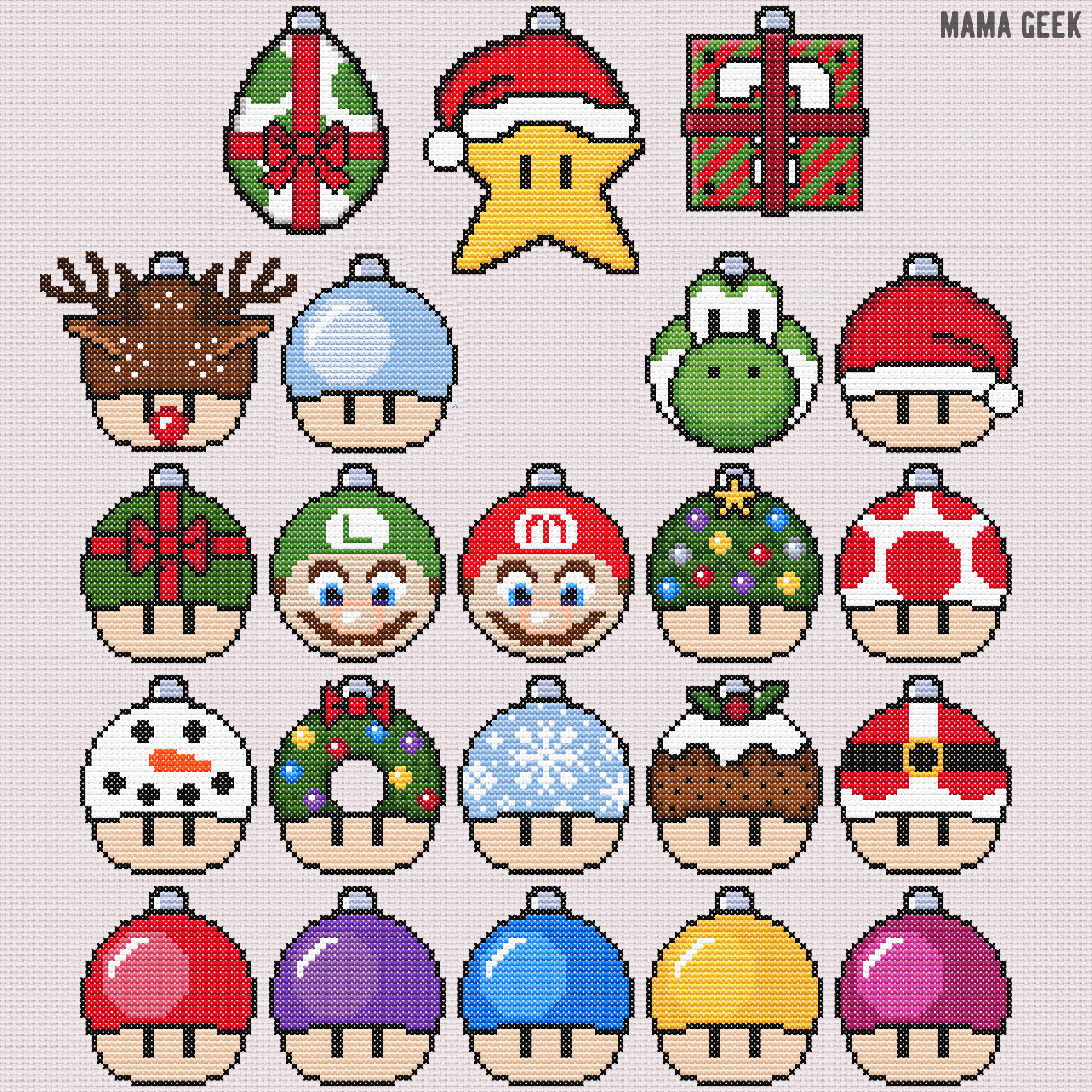 Mario Christmas Baubles – Free Printable Cross Stitch Patterns for Free Printable Christmas Ornament Cross Stitch Patterns