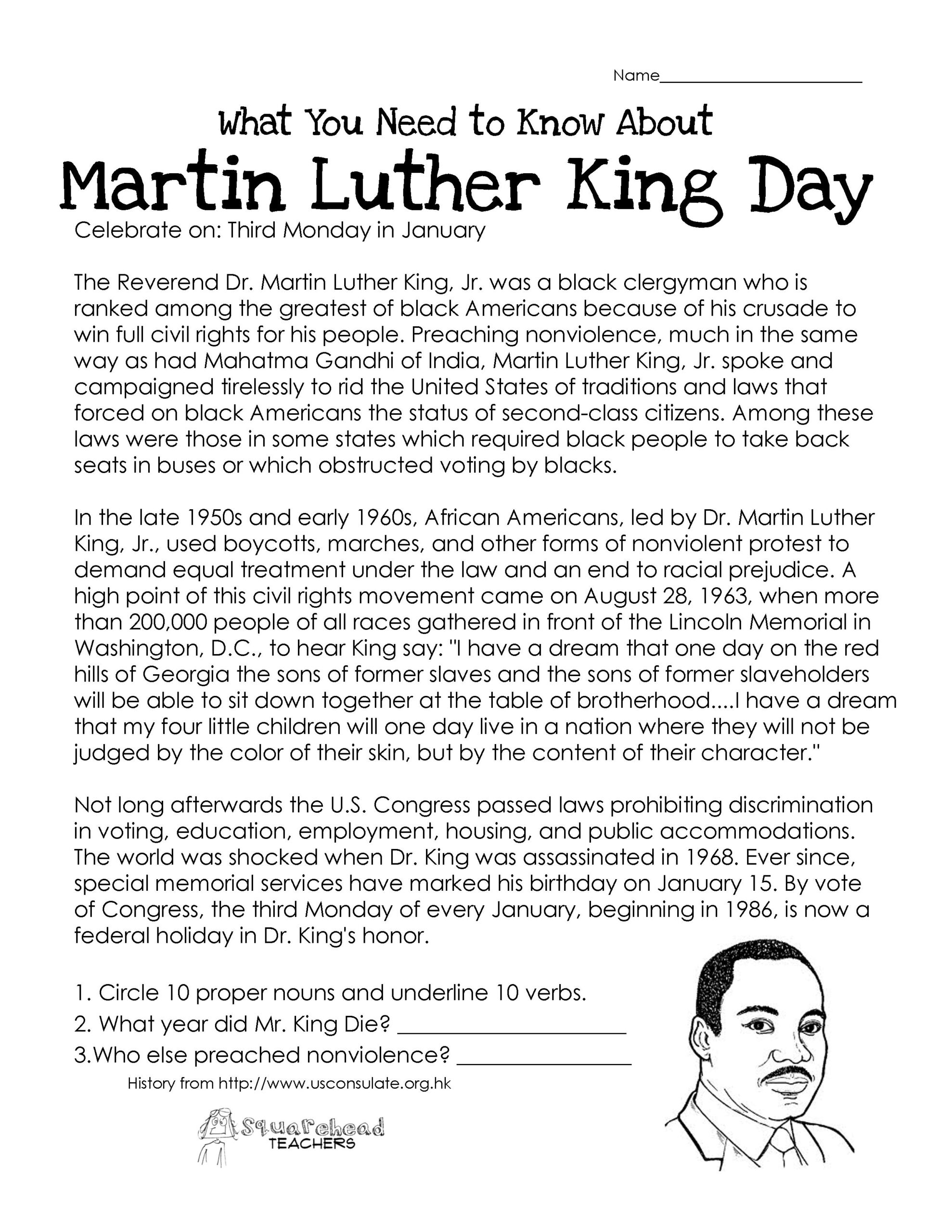 Martin Luther King Day (Free Worksheet) | Martin Luther King Jr intended for Free Printable Martin Luther King Jr Worksheets