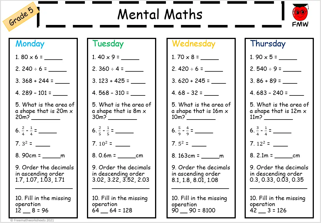 Mental Math Worksheets For Grade 5 | Free Printables | Homework within Free Printable Mental Math Worksheets
