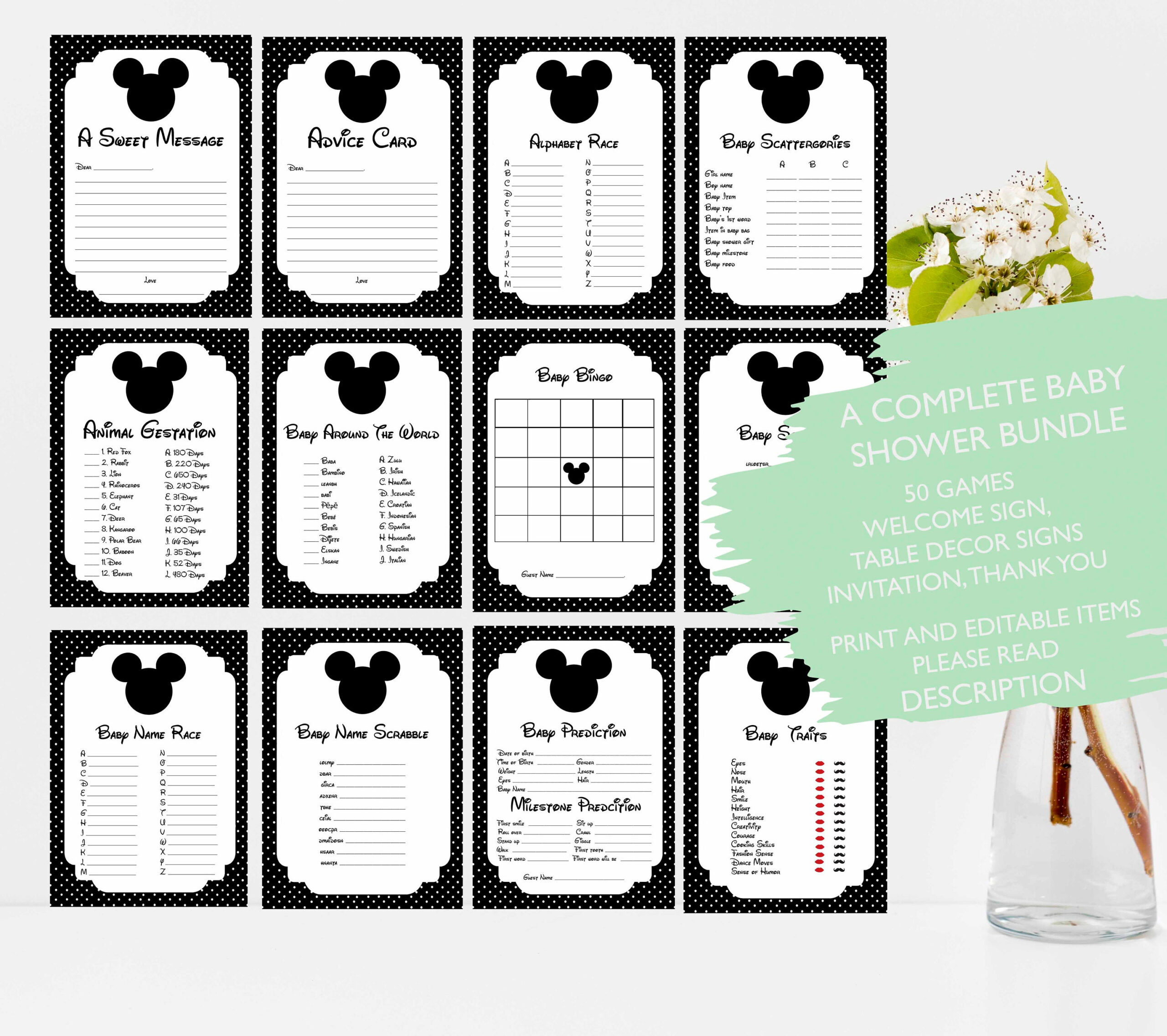 Mickey Mouse Baby Shower Bundle, Invitation, Games, Welcome Sign inside Free Printable Mickey Mouse Baby Shower Games