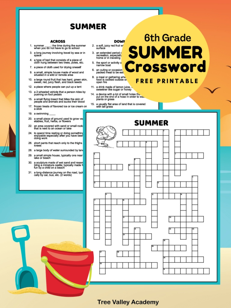 Middle School Summer Crossword Puzzle - Tree Valley Academy intended for Summer Crossword Puzzle Free Printable