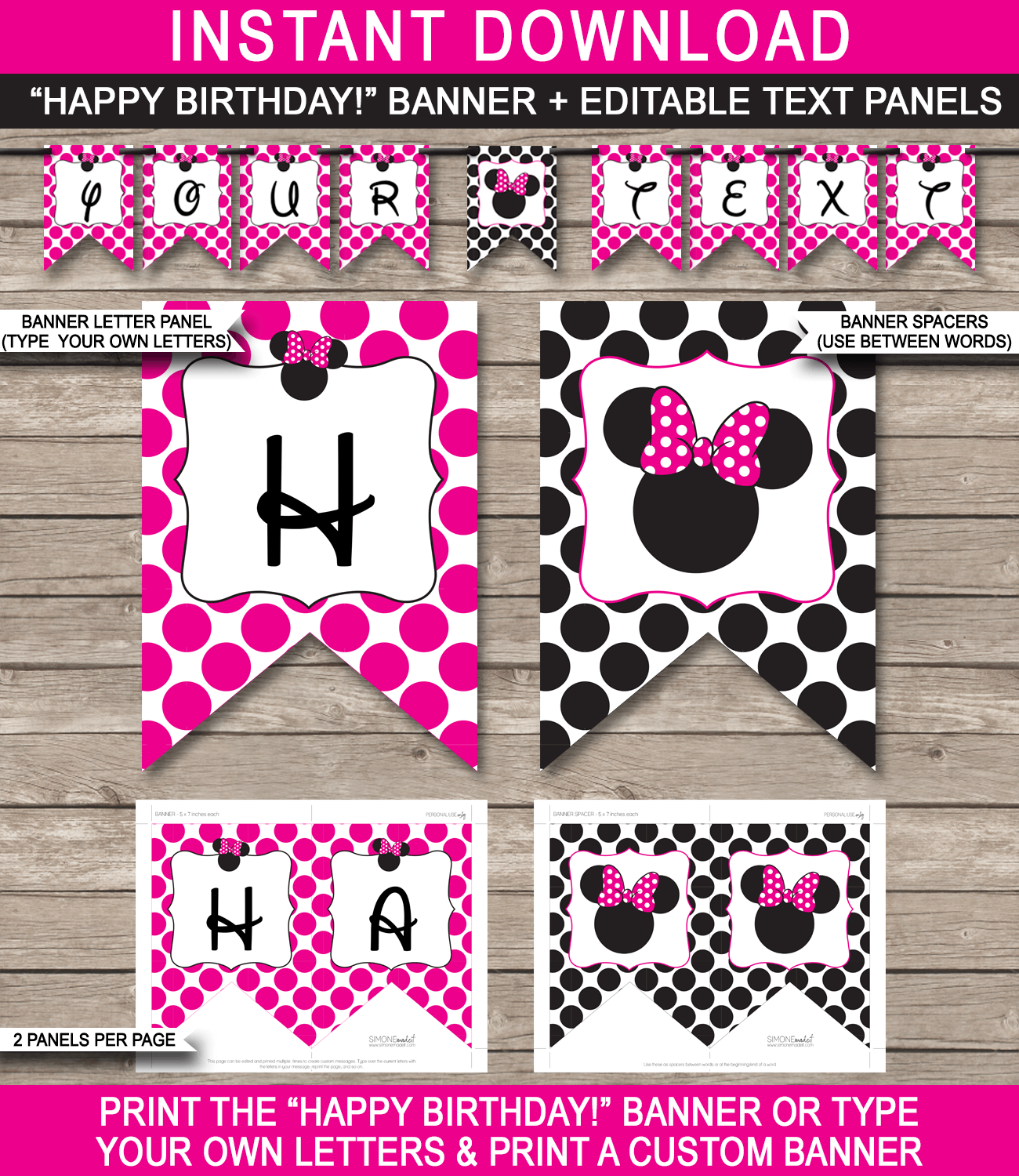 Minnie Mouse Party Banner Template - Pink in Free Printable Minnie Mouse Birthday Banner