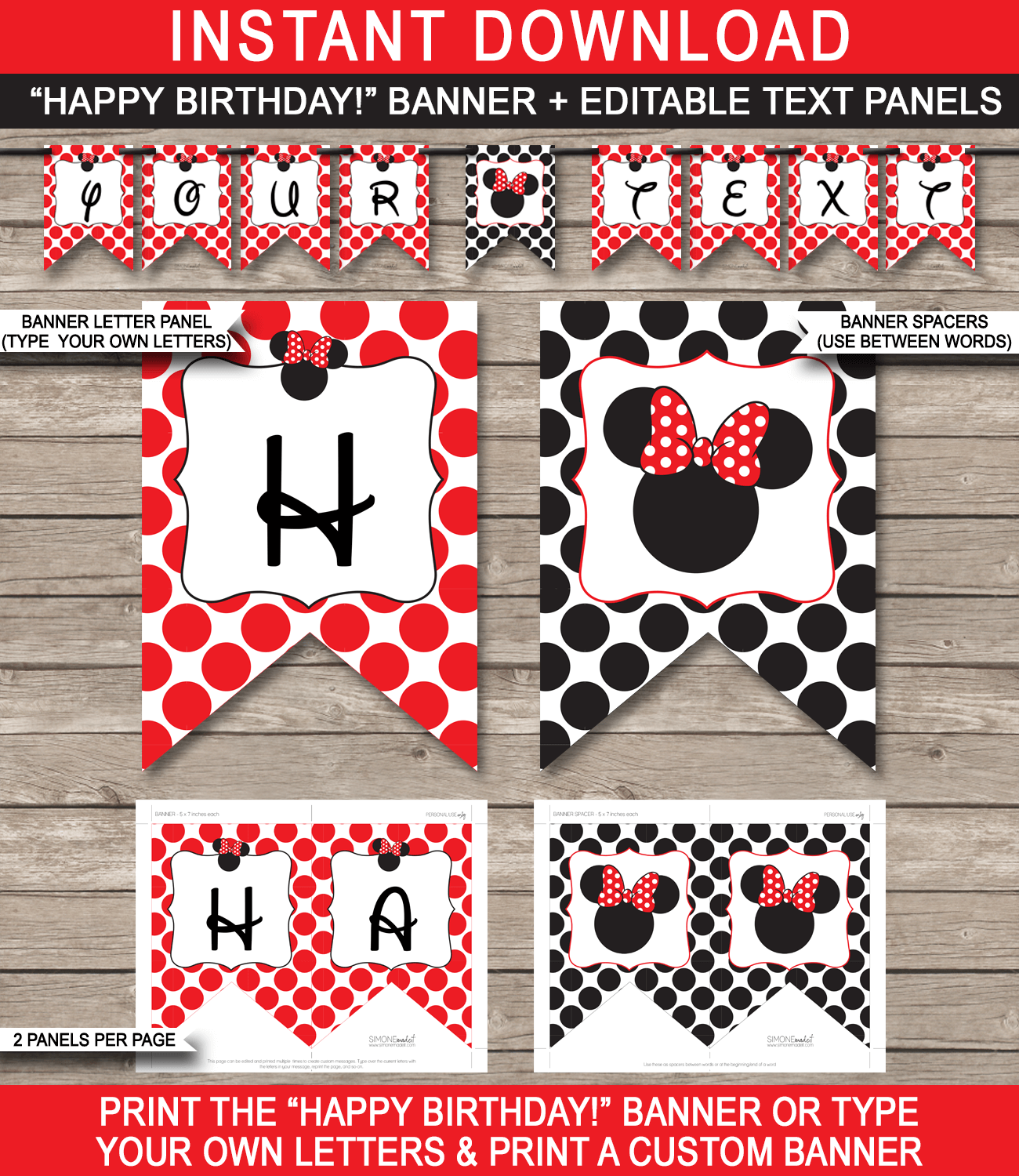 Minnie Mouse Party Banner Template - Red with regard to Free Printable Minnie Mouse Birthday Banner