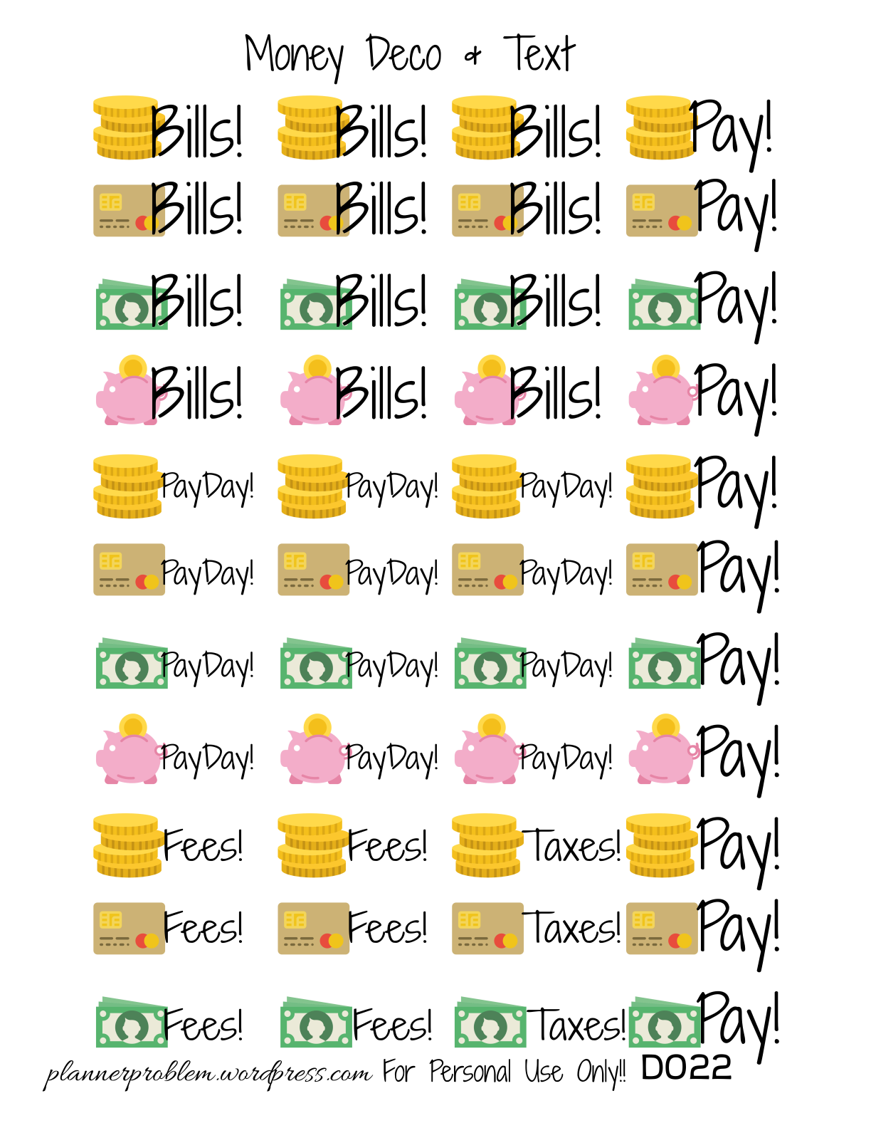 Money Deco &amp;amp; Text – Free Printable Planner Stickers – Plannerproblem for Free Printable Payday Stickers