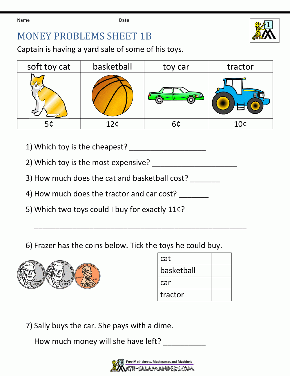Money Worksheets For First Grade with regard to Free Printable Money Word Problems Worksheets