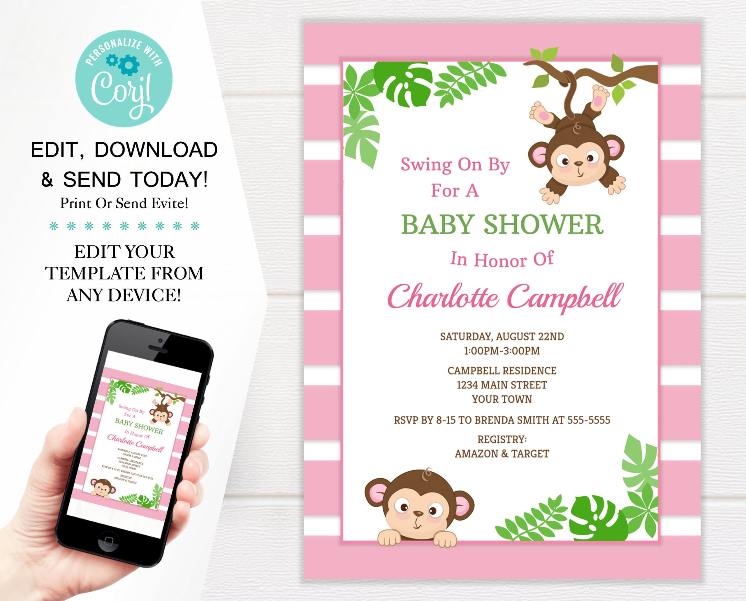Monkey Girl Baby Shower Invitation Template, Pink Monkey Shower within Free Printable Monkey Girl Baby Shower Invitations
