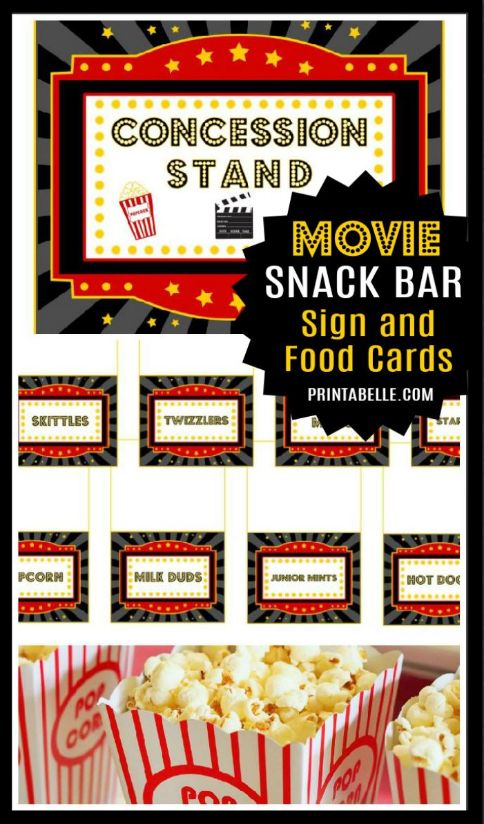 Movie Night Snack Cards Printables + Free Movie Concession Sign throughout Free Concessions Printable