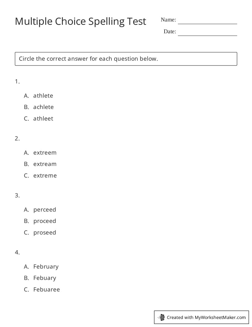 Multiple Choice Spelling Test - My Worksheet Maker: Create Your within Free Printable Multiple Choice Spelling Test Maker