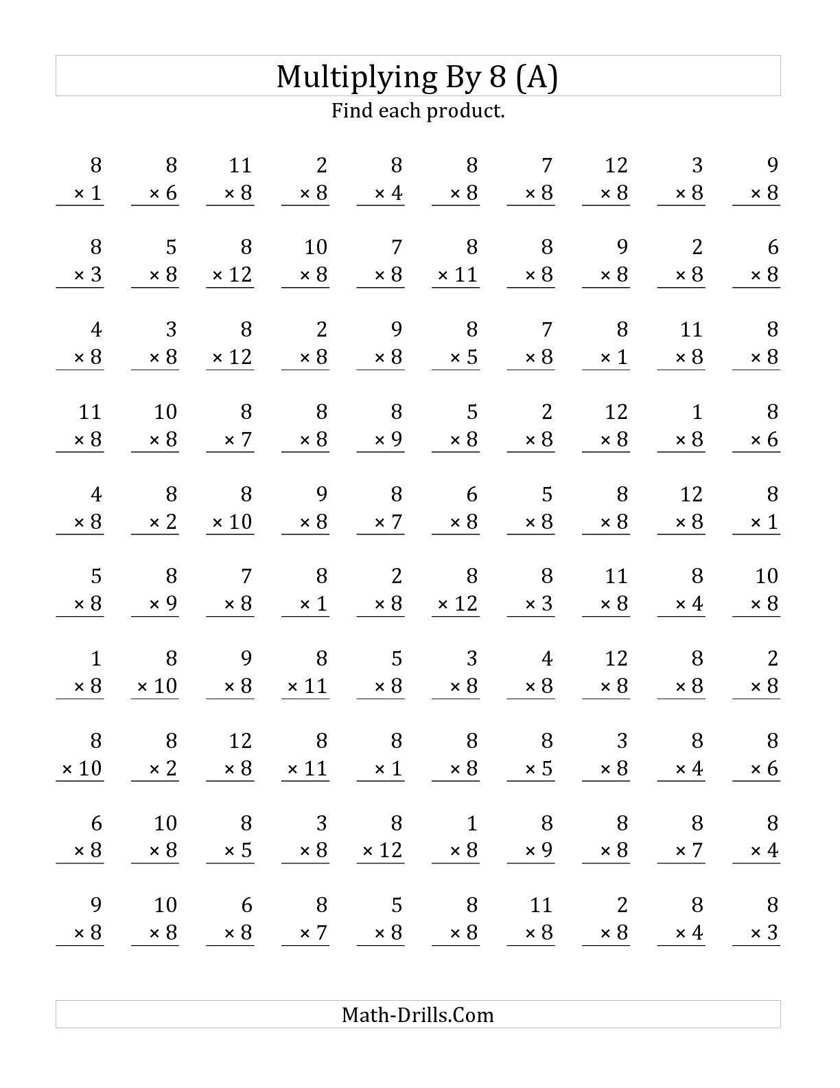 Multiplying (1 To 12)8 (100 Questions) Math Worksheet for Free Printable Math Worksheets Multiplication Facts