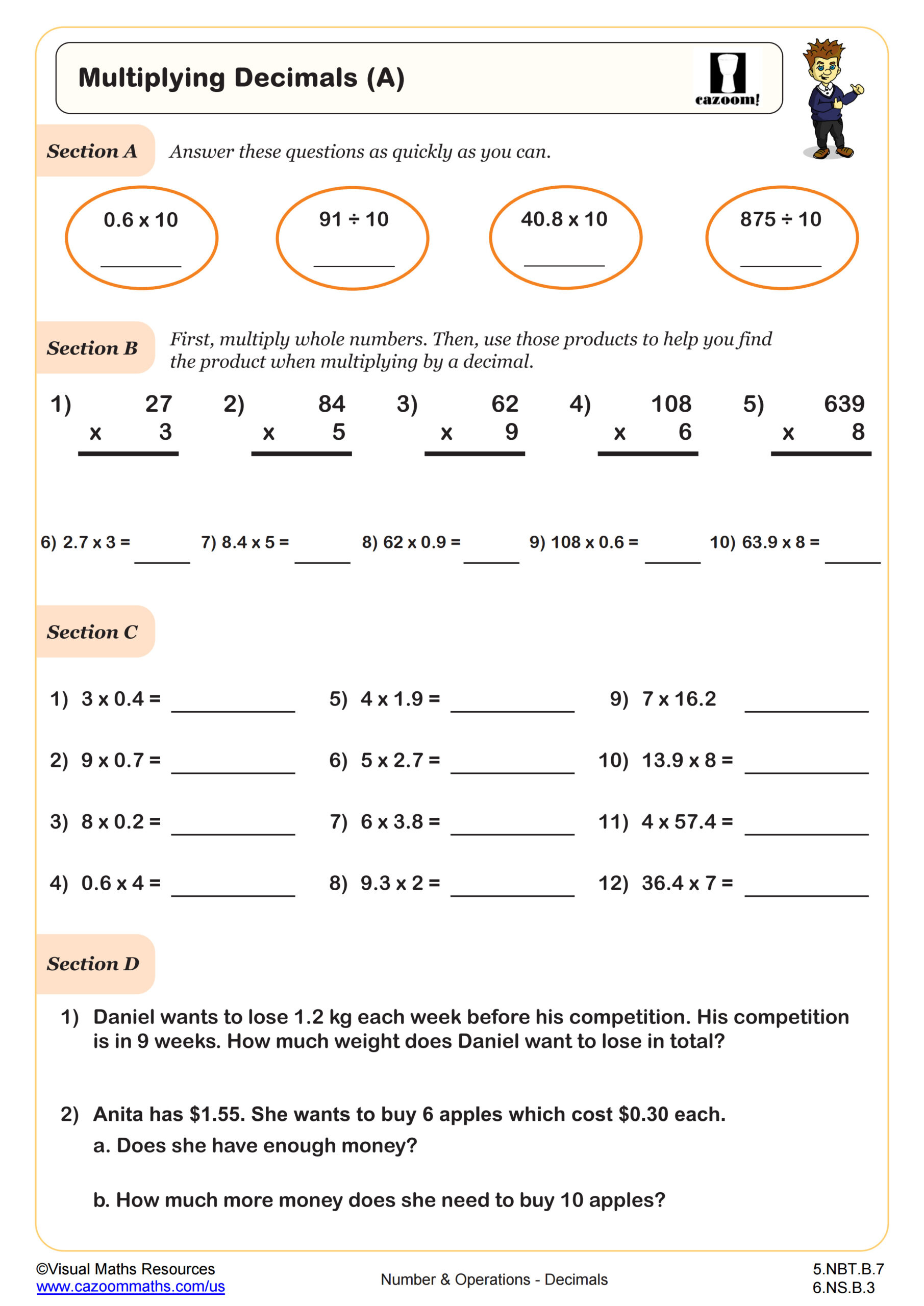 Multiplying Decimals (A) Worksheet | Pdf Printable Number intended for Free Printable Multiplying Decimals Worksheets