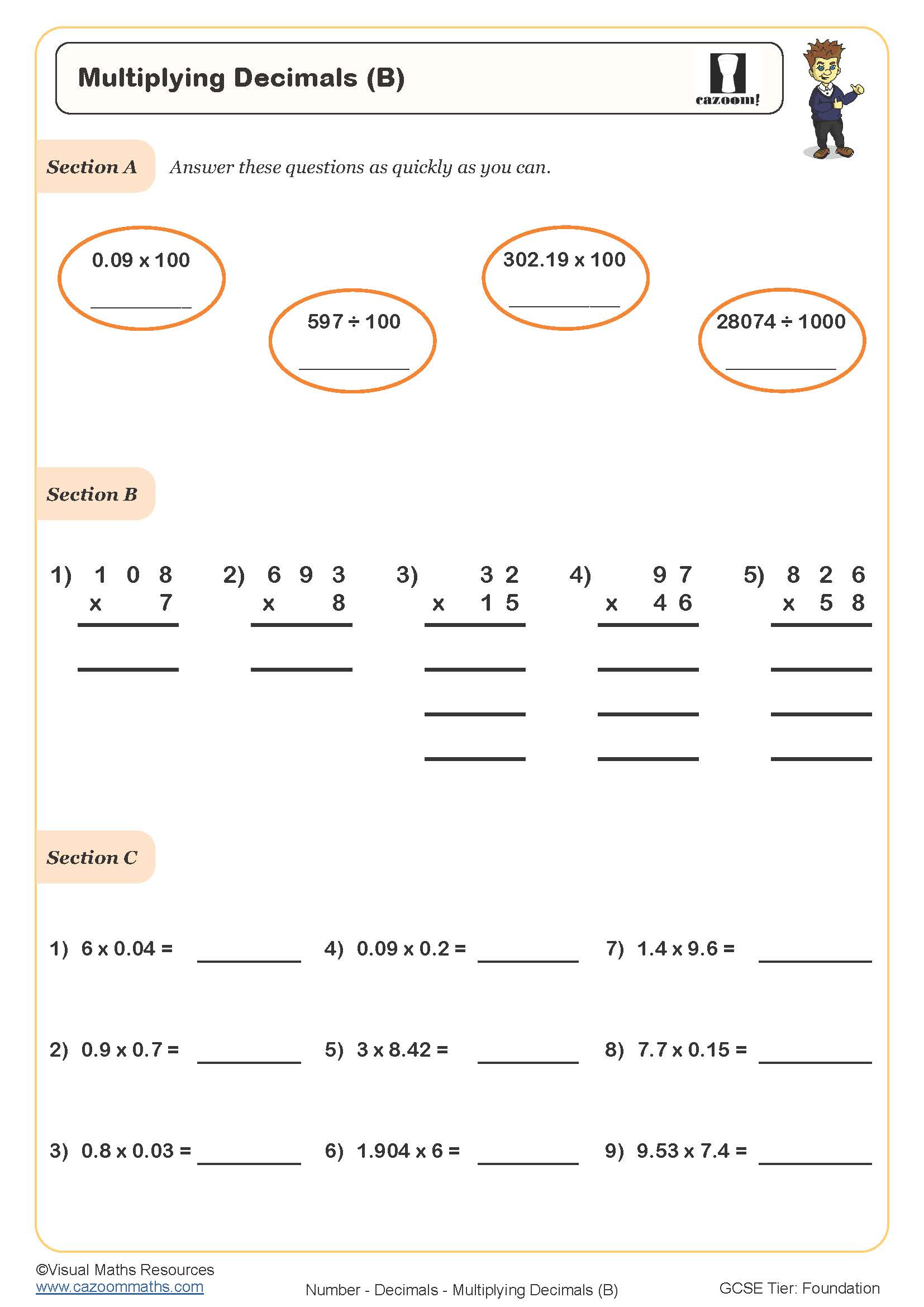 Multiplying Decimals (B) Worksheet | Cazoom Maths Worksheets for Free Printable Multiplying Decimals Worksheets