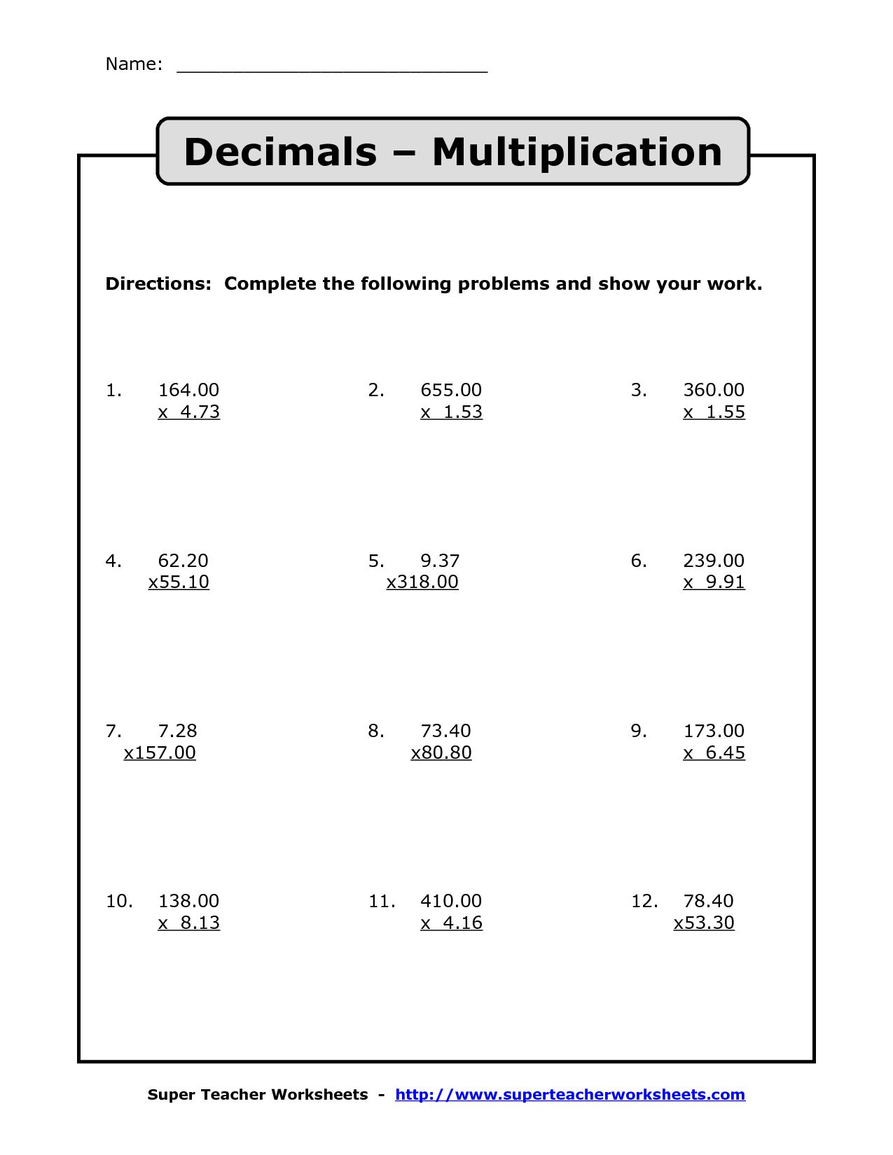 Multiplying Decimals Free Printable Worksheets 6E6 | Decimals in Multiplying Decimals Free Printable Worksheets