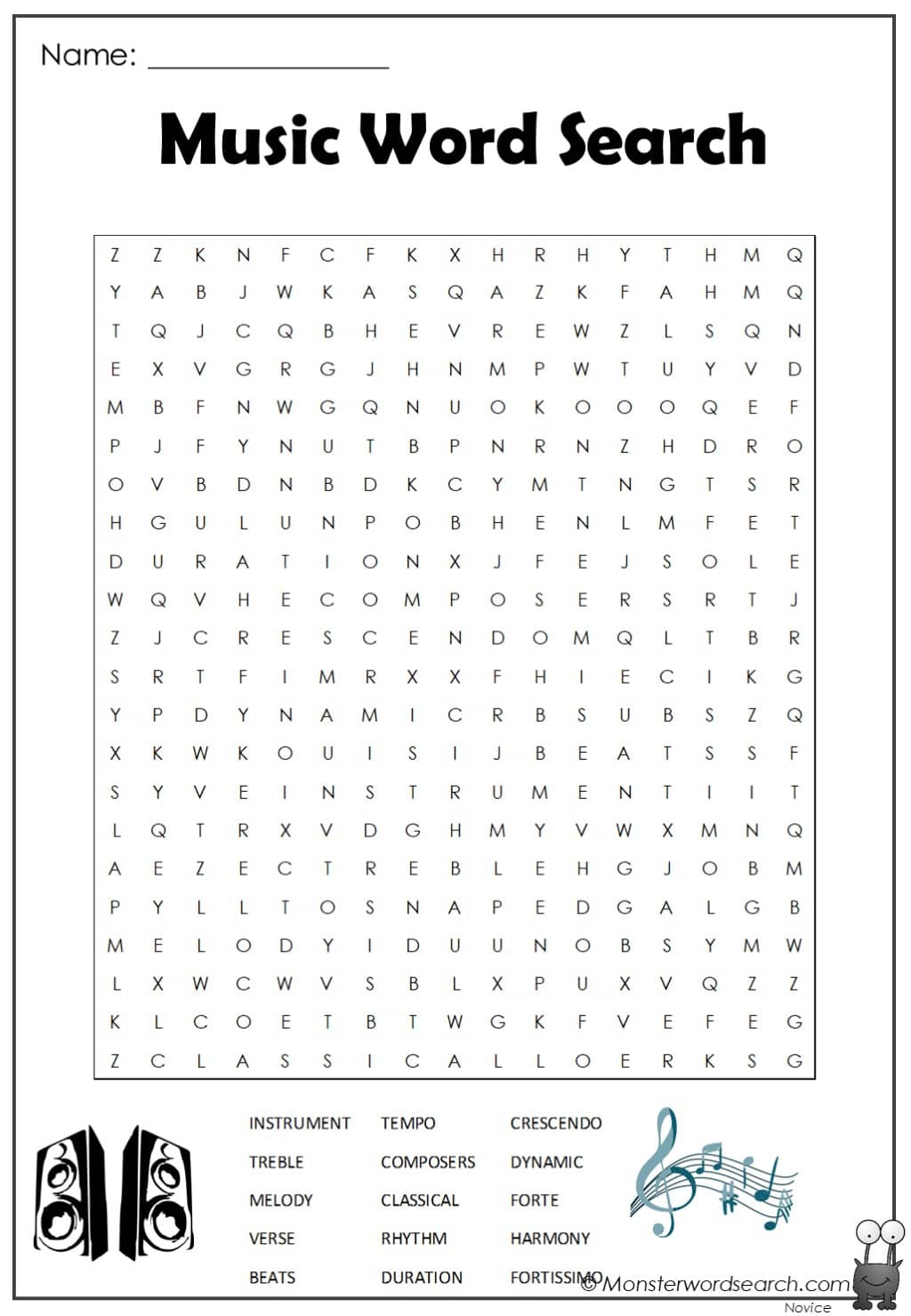 Music Word Search - Monster Word Search regarding Free Printable Music Word Searches