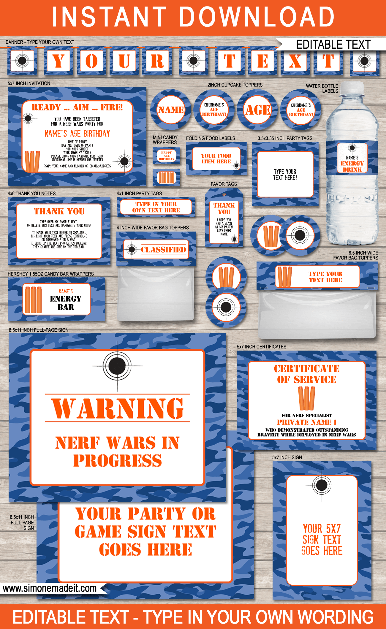 Nerf Party Printables, Invitations &amp;amp; Decorations - Blue Camo inside Free Nerf Printables