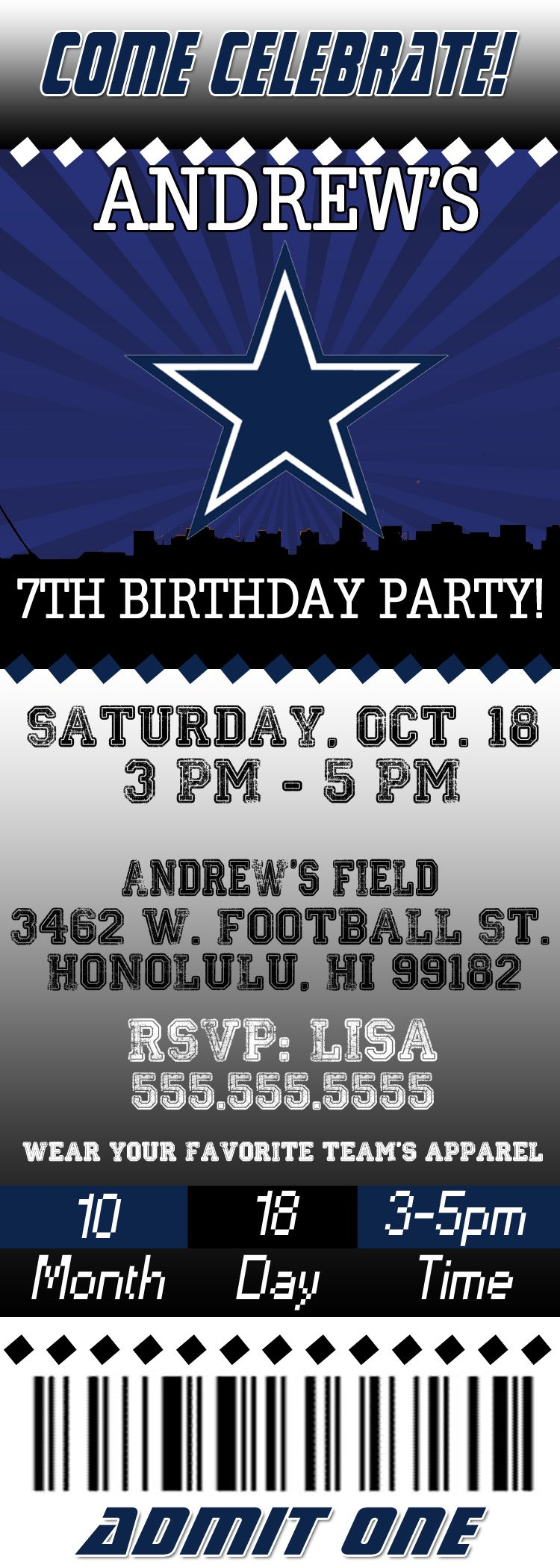 Nfl Dallas Cowboys Birthday Invitation | Cowboy Invitations intended for Free Printable Dallas Cowboys Birthday Invitations