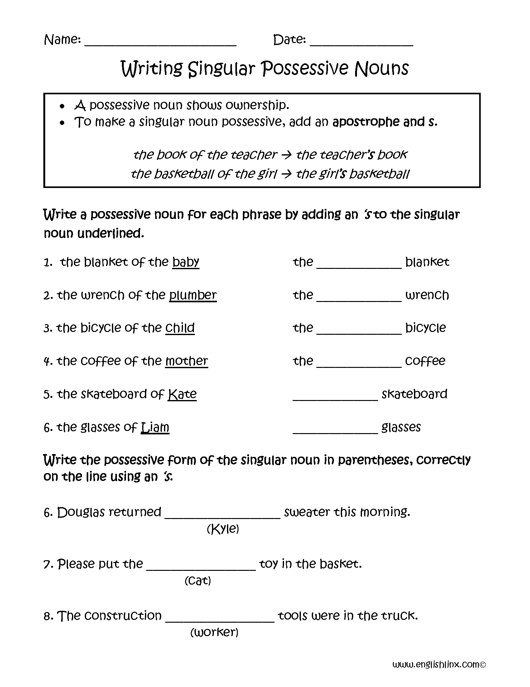 Nouns Worksheets | Possessive Nouns Worksheets for Free Printable Possessive Nouns Worksheets